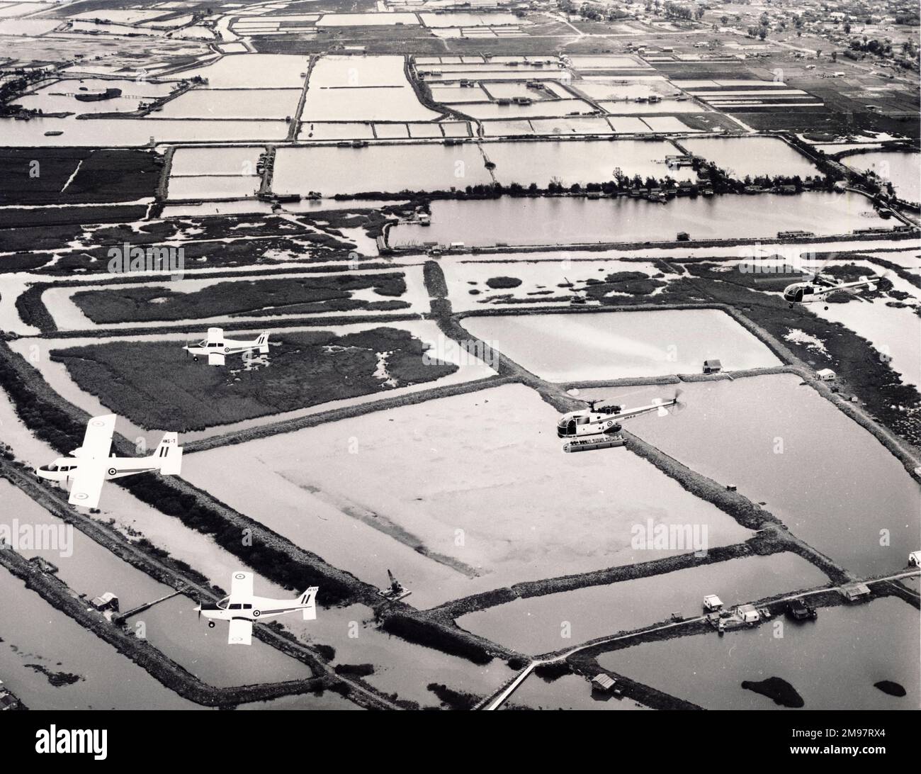 The Royal Hong Kong Auxiliary Air Force operated a fleet of six aircraft (c.1974): a Britten-Norman Islander, two Beechcraft Musketeers and three Alouette III helicopters. Five of the fleet are ssn over fish ponds in the rural New Territories. Stock Photo