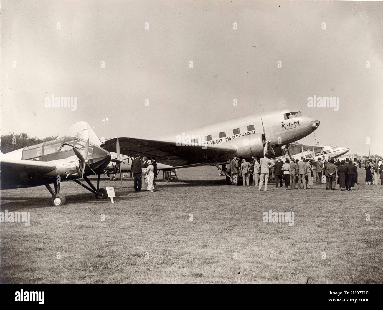 From left: a General Aircraft Monospar, Douglas DC-2-115E, PH-AKJ, Jan van Dent, of KLM and a de Havilland DH86 at the 1936 Royal Aeronautical Society Garden Party at the Fairey Aviation Aerodrome, Great West Road, Hayes, Middlesex. Stock Photo