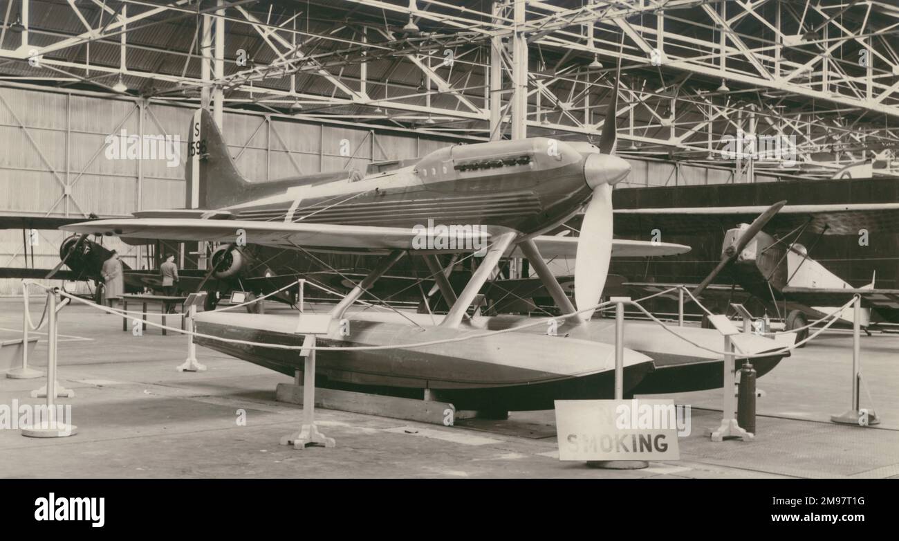 Supermarine S6B, labelled as S1596, and the Royal Aeronautical Society’s Nash aircraft collection at the 1957 Royal Aeronautical Society Garden Party at Wisley. Stock Photo