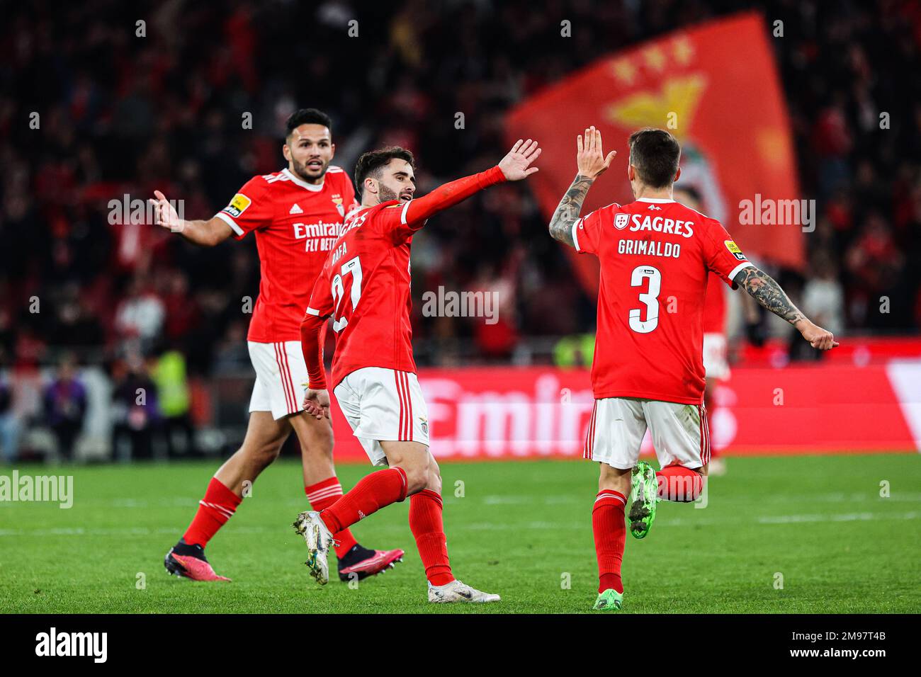 Lisbon, Portugal. 15th Jan, 2023. Gonçalo Ramos, Rafa Silva and Alex Grimaldo of SL Benfica celebrate after scoring a goal during the Liga Portugal Bwin match between SL Benfica and Sporting CP at Estadio da Luz. Final score; SL Benfica 2:2 Sporting CP. Credit: SOPA Images Limited/Alamy Live News Stock Photo