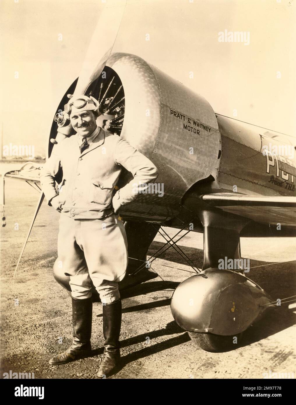 Col Roscoe Turner in front of his Wedell-Williams Special Racer. Stock Photo