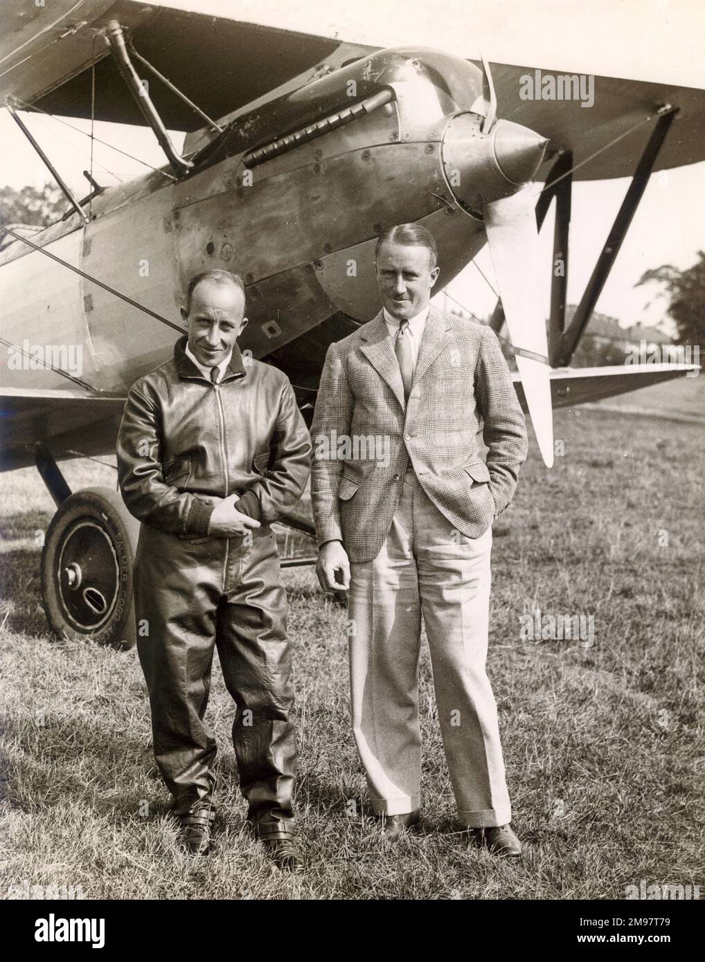 Raymond John Paul Parer, left, and Geoff E. Hemsworth in front of their Fairey Fox I, G-ACXO (formerly J7950), at Hanworth Aerodrome, Middlesex, in September 1934 in preparation for the MacRobertson England to Australia race the following month. Stock Photo