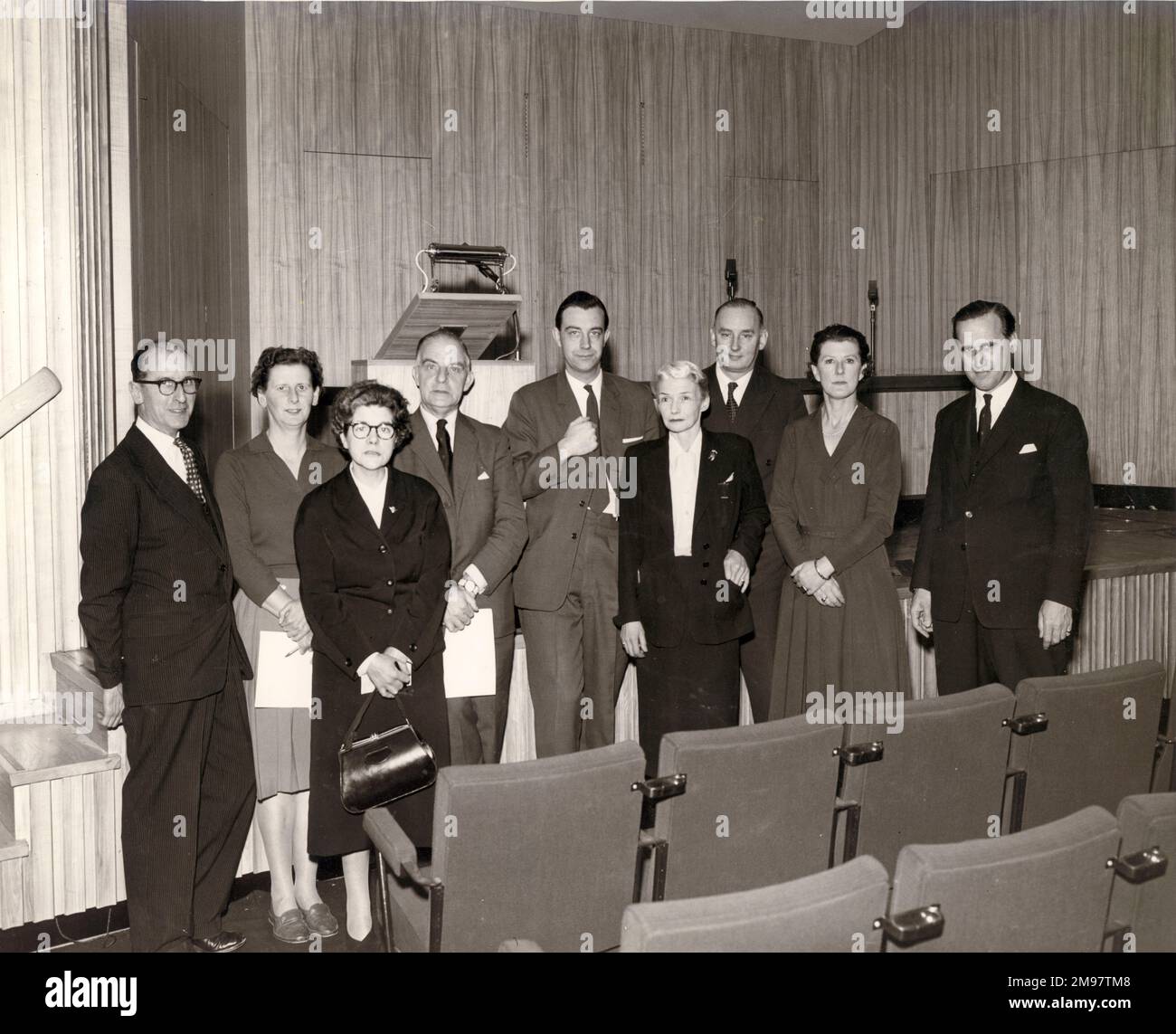 Senior staff at the opening of the Lecture Theatre in December 1960. From left: Frank H. Smith, Miss E.C. Pike, Miss Florence Barwood, Dr Archie Ballantyne, Dr A.J. Barrett, Mrs Joan Bradbrooke, Mr Deaton, Miss Rigby and Mr Lumsden. Stock Photo