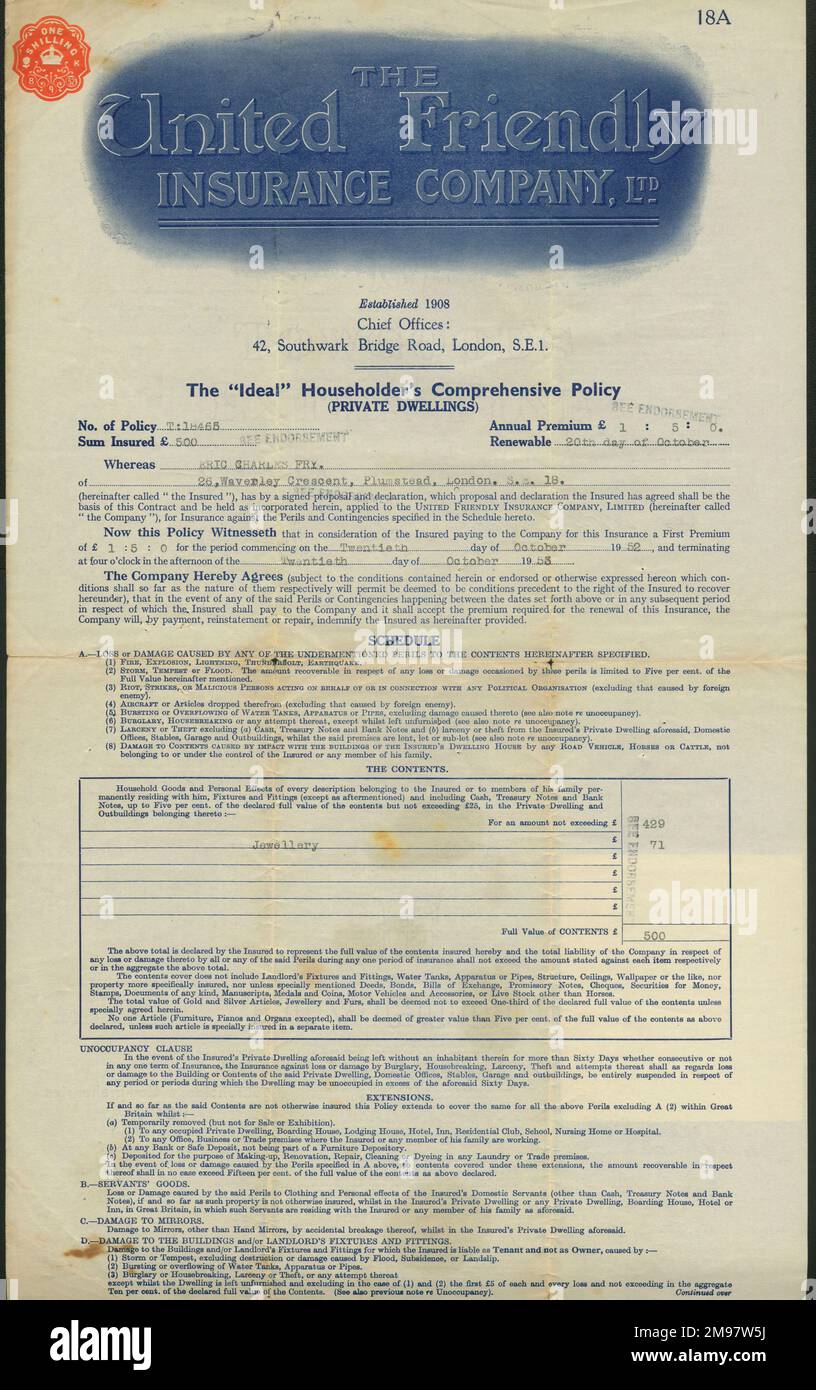 United Friendly Insurance Company document, Southwark Bridge, London, Householder's Comprehensive policy for Private Dwellings. Stock Photo