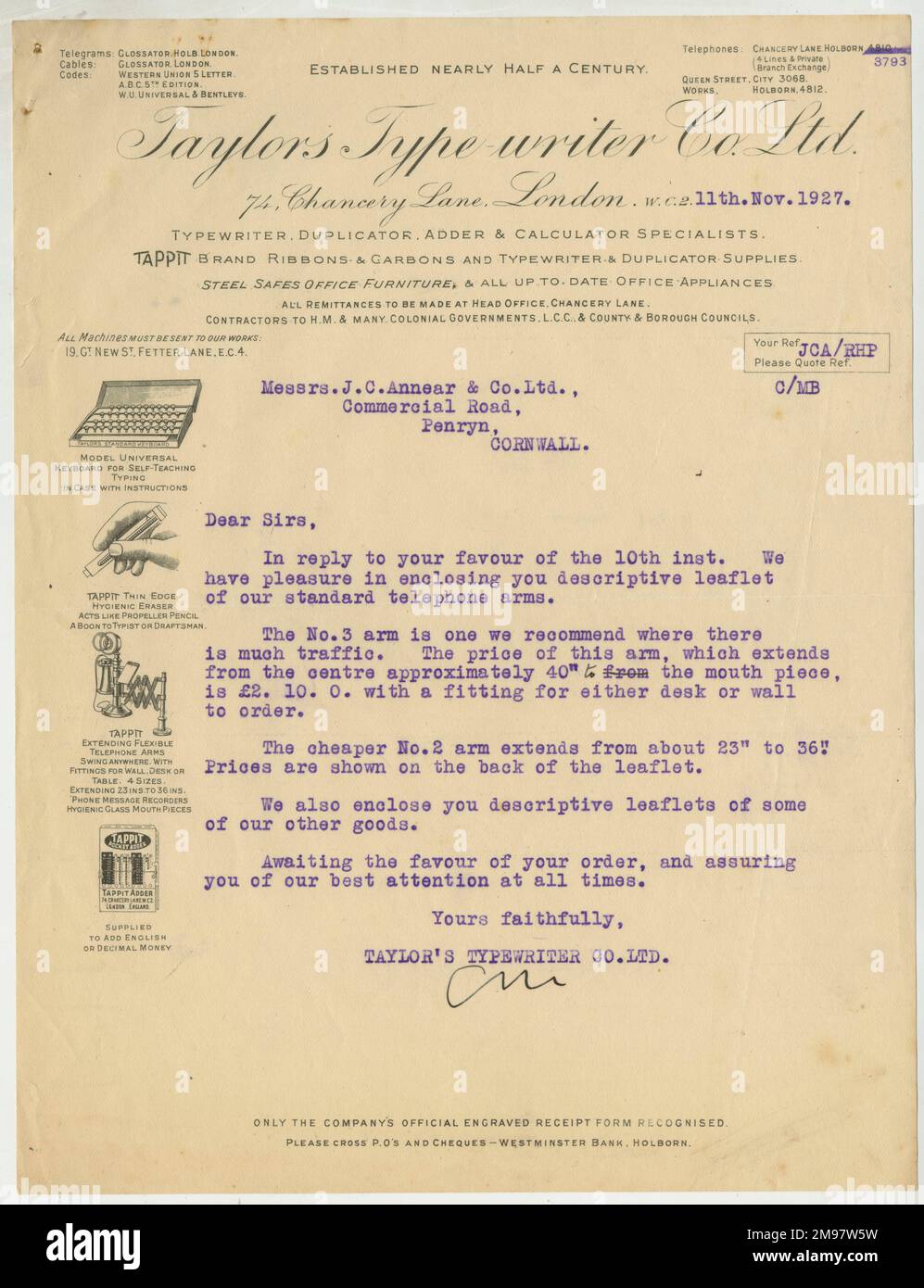 Taylor's Type writer Co Ltd, Chancery Lane, London -- letter to a prospective client regarding telephone accessories. Stock Photo