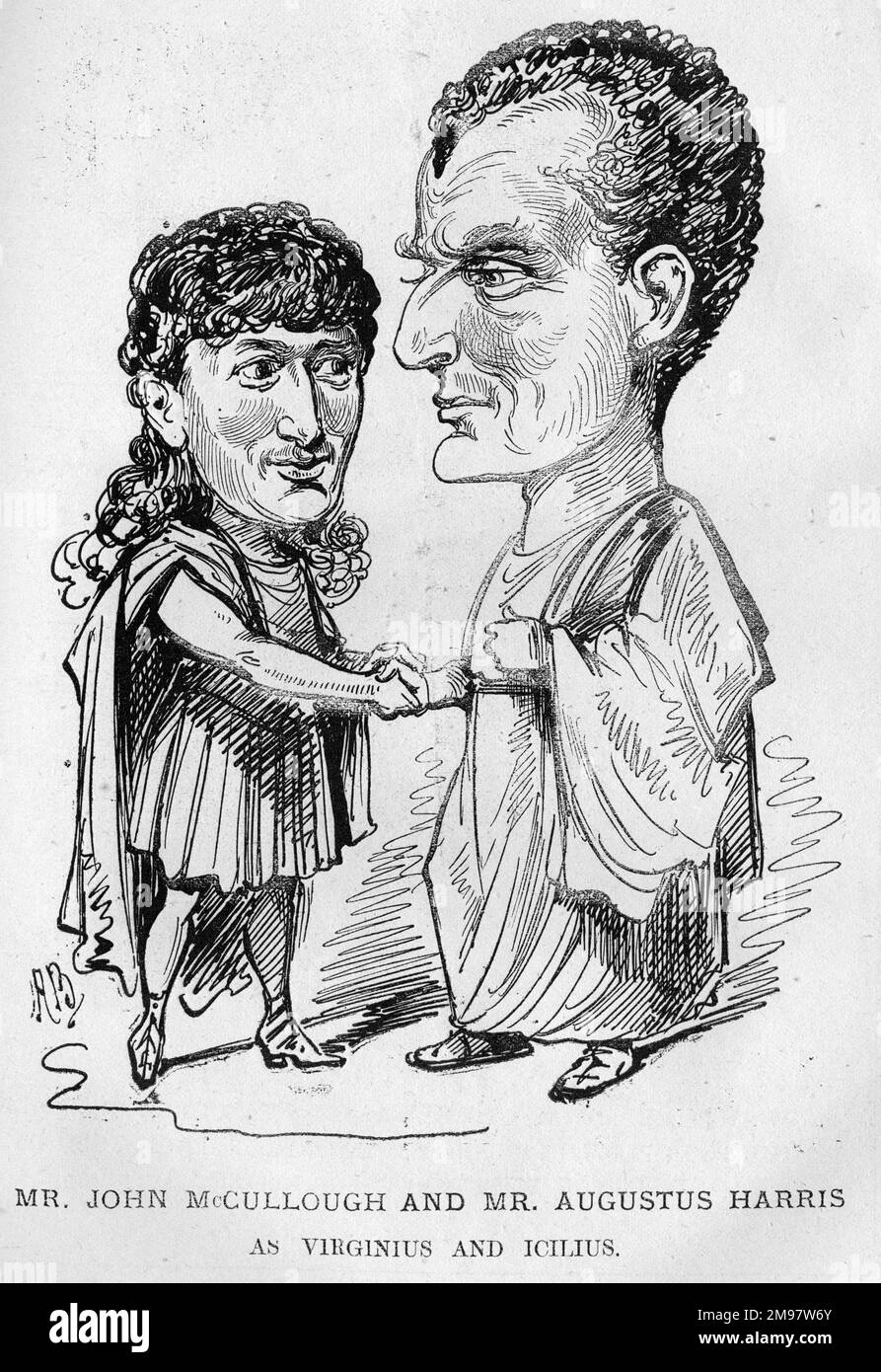 Cartoon, the American actor John Edward McCullough (left, 1832-1885) as Virginius and the English actor Sir Augustus Harris (right, 1852-1896) as Icilius, in a revival of Virginius, a five-act tragedy by Sheridan Knowles, at Drury Lane, London. Stock Photo
