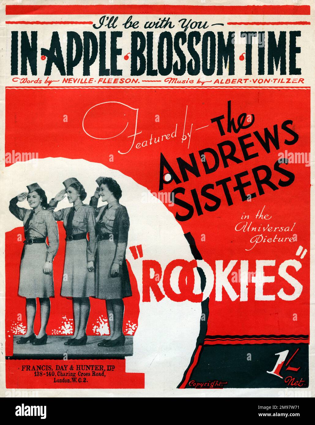 Music cover, I'll be with you in Apple Blossom Time, sung by The Andrews Sisters in the Universal Picture, Rookies. Stock Photo