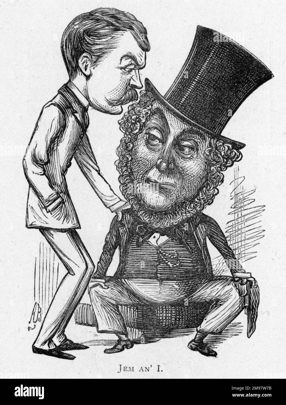 Cartoon of David James (right, 1839-1893) and Thomas Thorne (left, 1841-1918) -- Jem an' I.  James was an English comic actor, and one of the founders, with Thorne of the Vaudeville Theatre, London. Thorne was an English actor and theatre manager. Stock Photo