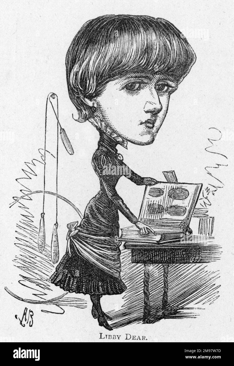 Cartoon of the actress, dancer and singer Connie Gilchrist (1865-1946) -- Libby Dear.  She played the role of Libby Ray in Benjamin Edward Woolf's comic opera The Mighty Dollar.  She was also an artist's model as a child, and married into the aristocracy in 1892. Stock Photo