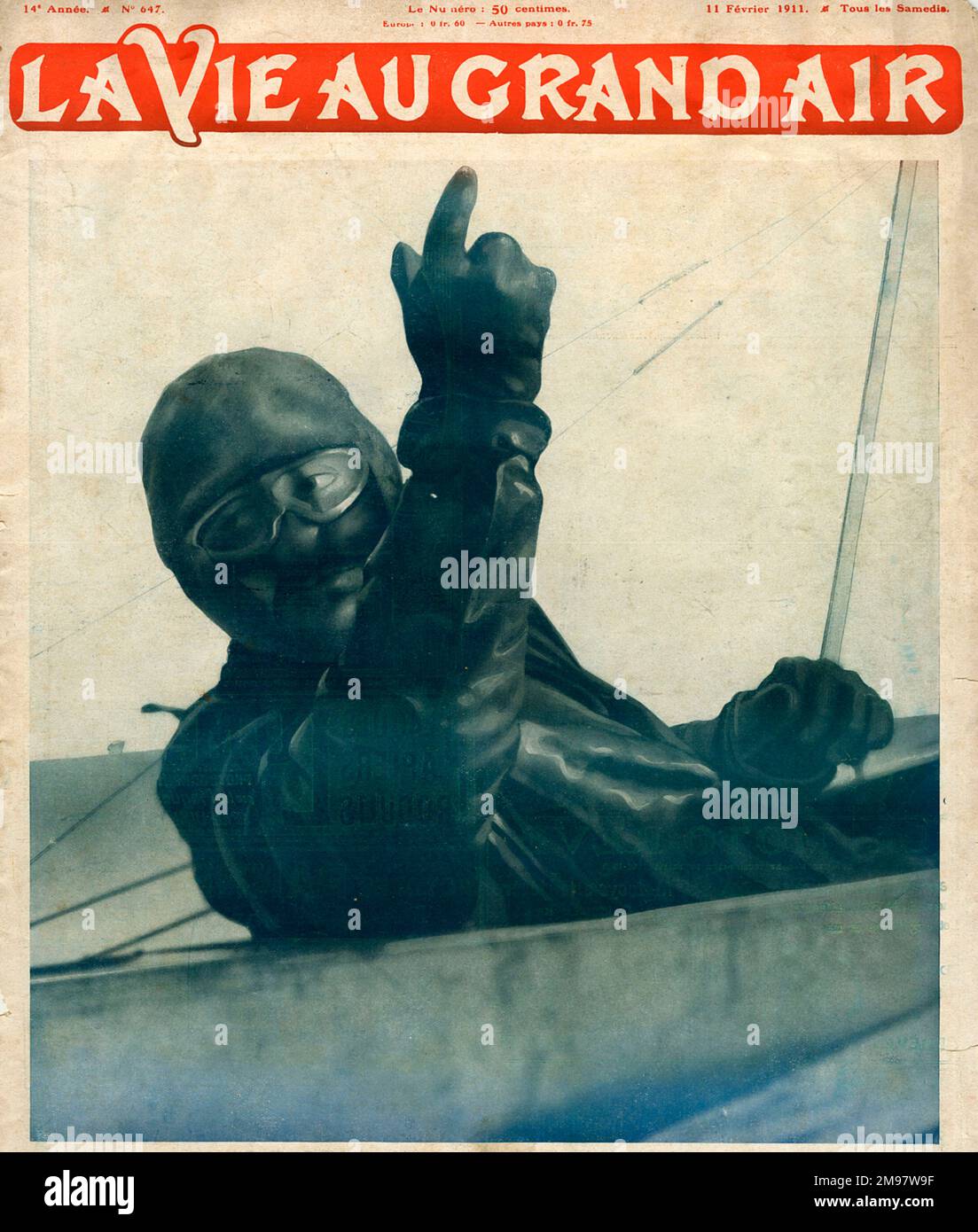 Captain Georges Bellenger (1878-1977), early aviator and pioneer who flew a Bleriot plane in 1911, and during WW1 served with the French 6th Army as an aviation officer. Seen here waving from the cockpit. Stock Photo