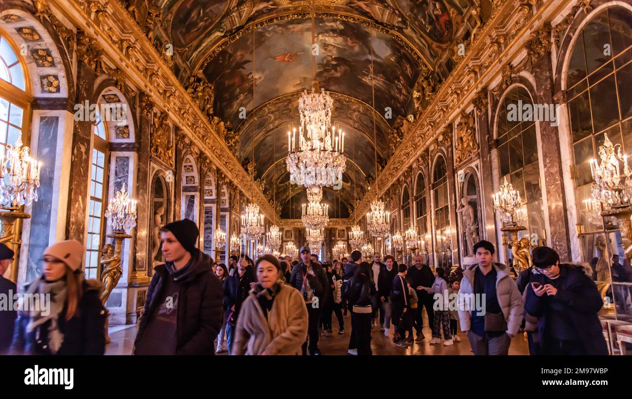 Versailles, France - Dec. 28 2022: The glamourous mirror hall in Versailles Palace Stock Photo