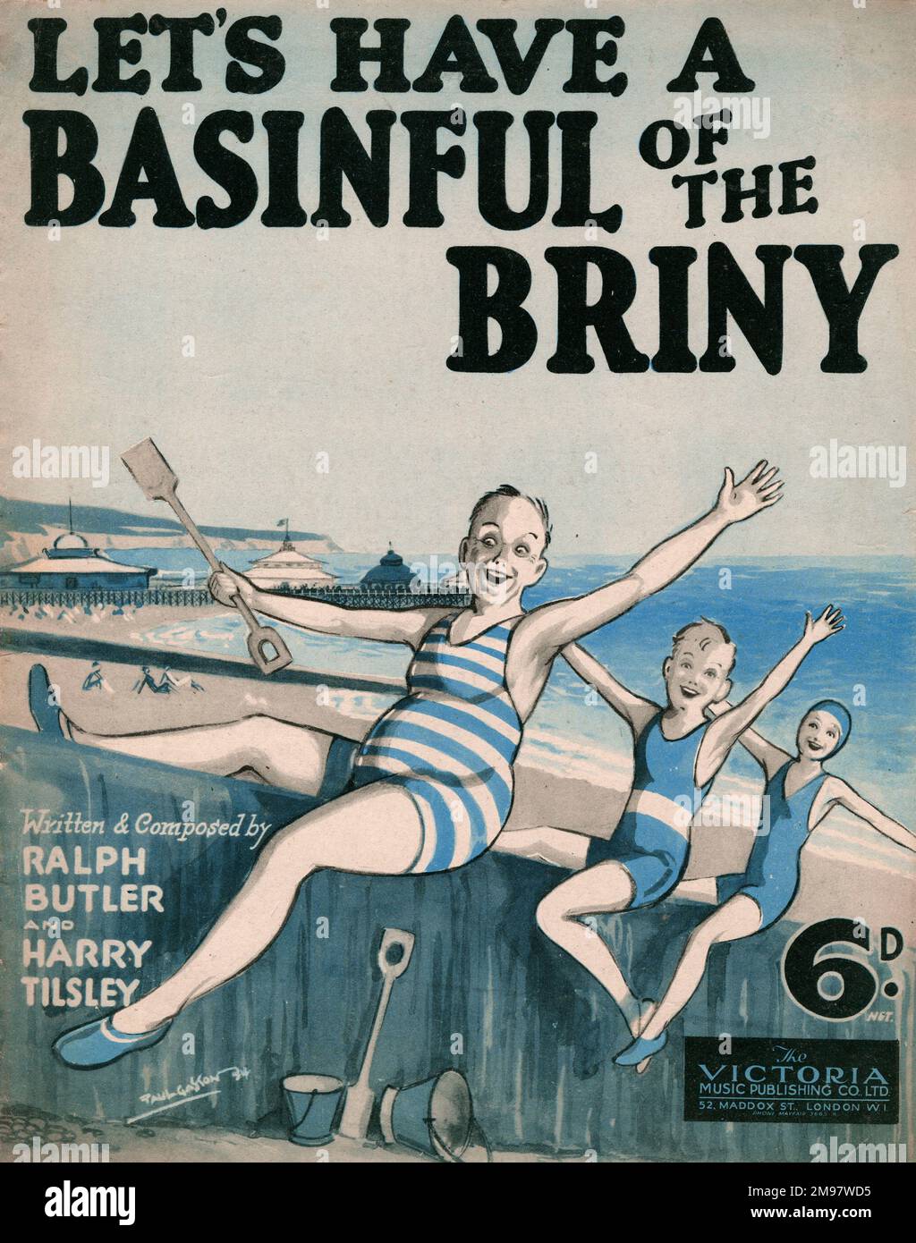 Music cover, Let's Have A Basinful of the Briny, song by Ralph Butler and Harry Tilsley. Showing a family of three having fun on the beach. Stock Photo