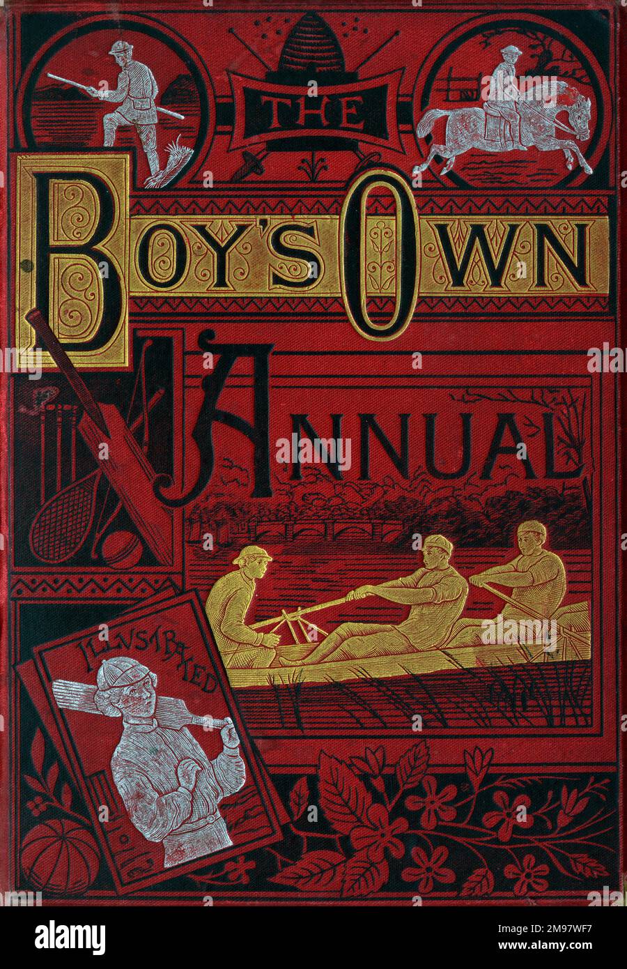 Cover design with sporting scenes, The Boy's Own Annual. Stock Photo