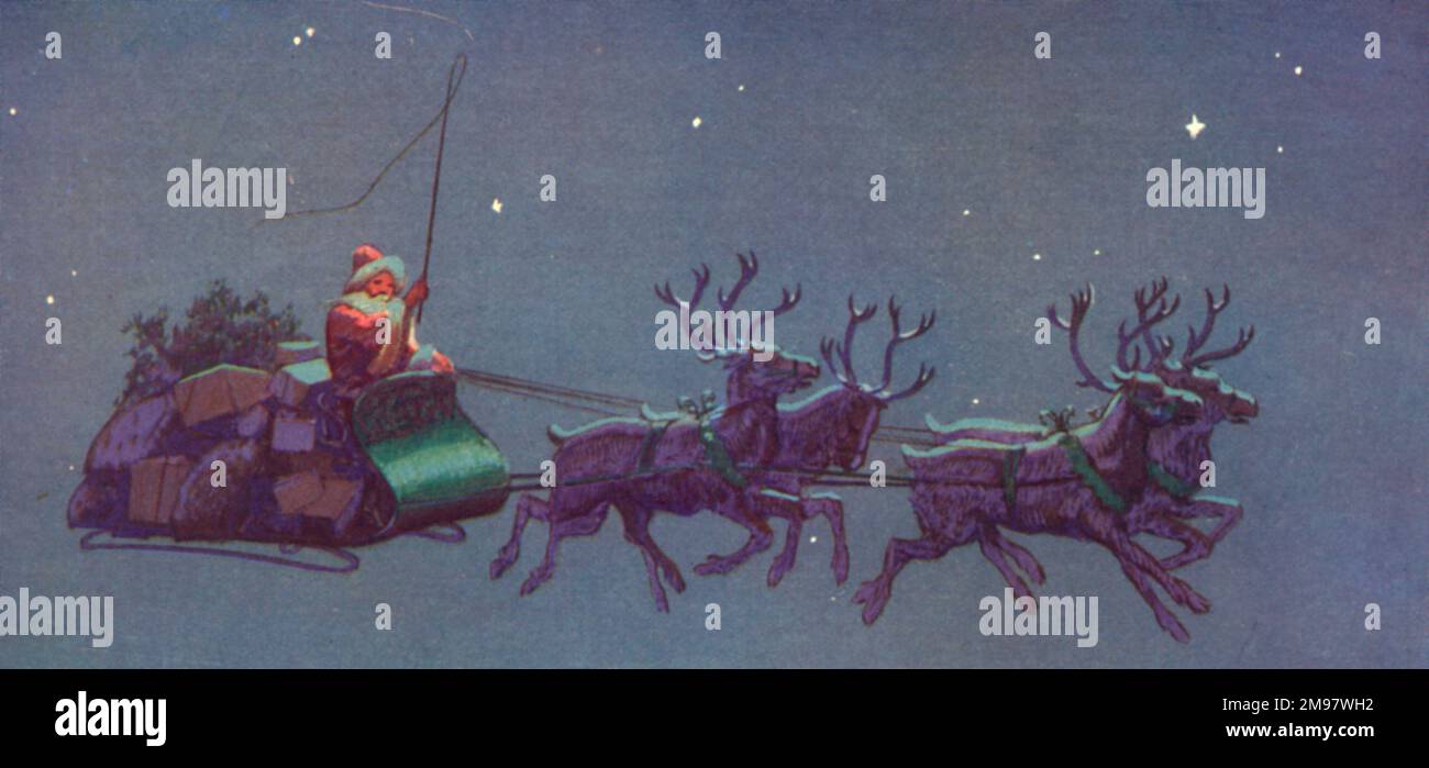 Christmas card, Santa on his sleigh. Stock Photo