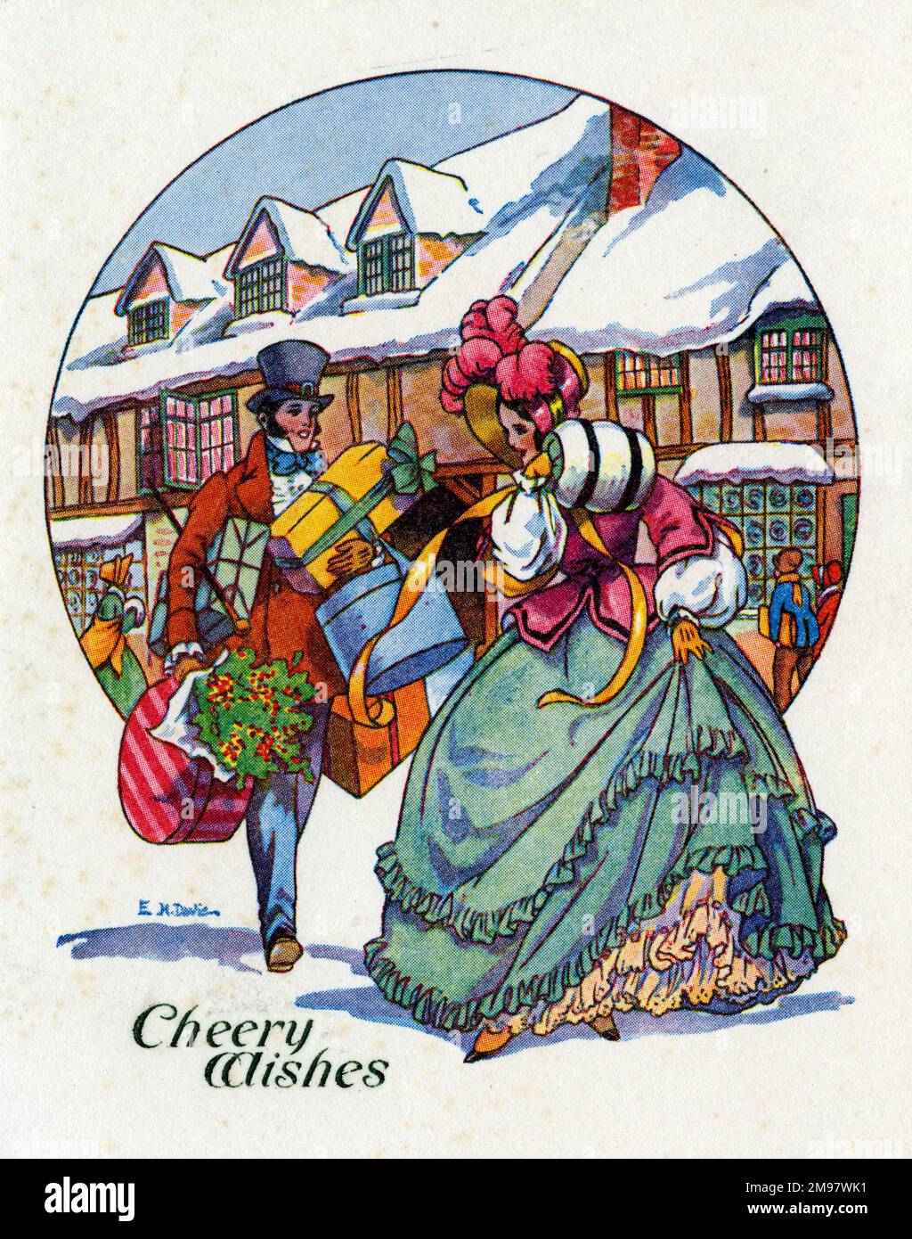 Christmas card - Last Minute Shopping.  A couple in Georgian costume carry their parcels. Stock Photo