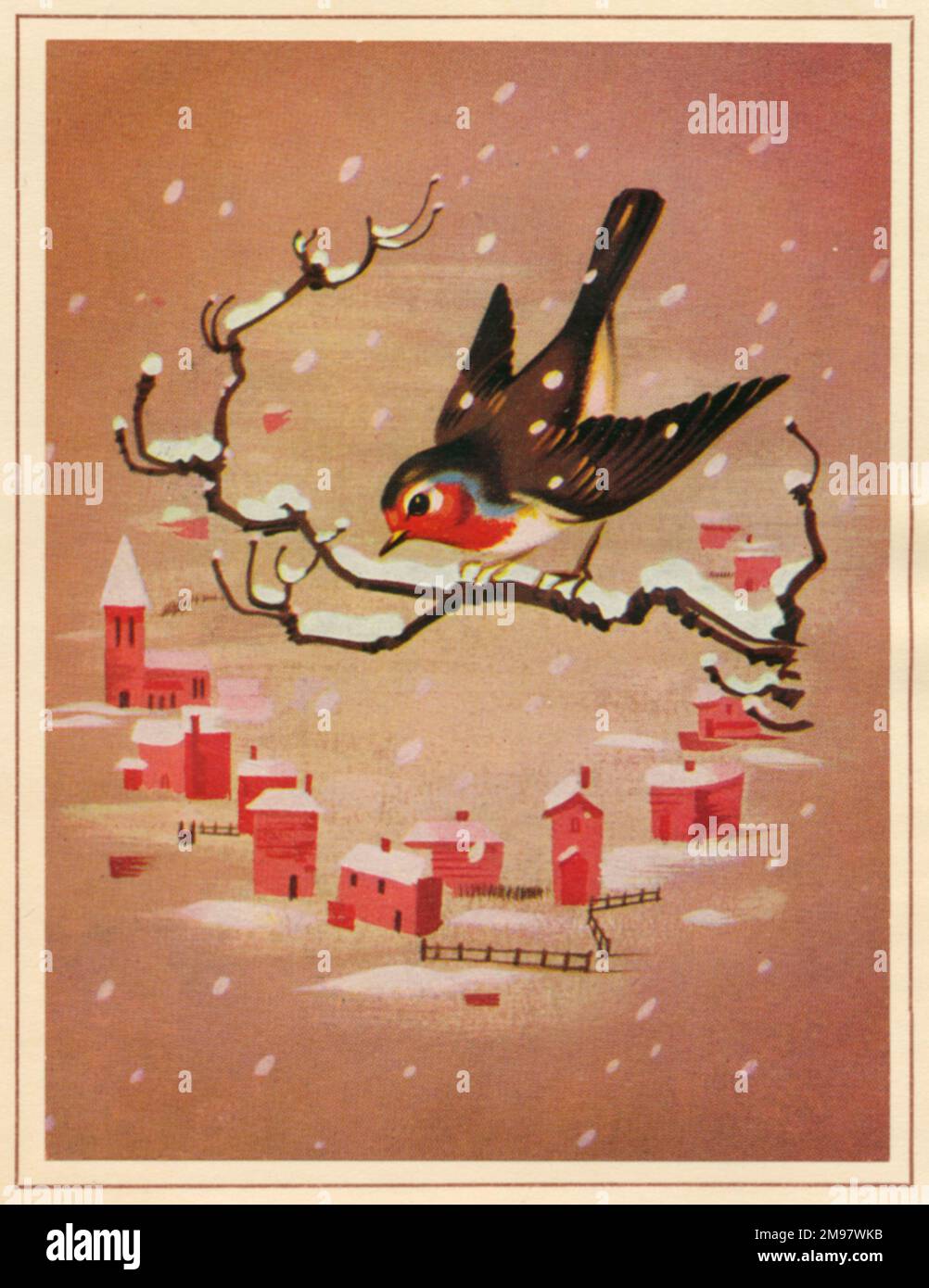 Christmas card, Robin on a branch. Stock Photo
