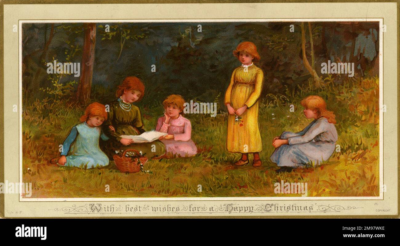 Christmas card, five children in a wood. Stock Photo