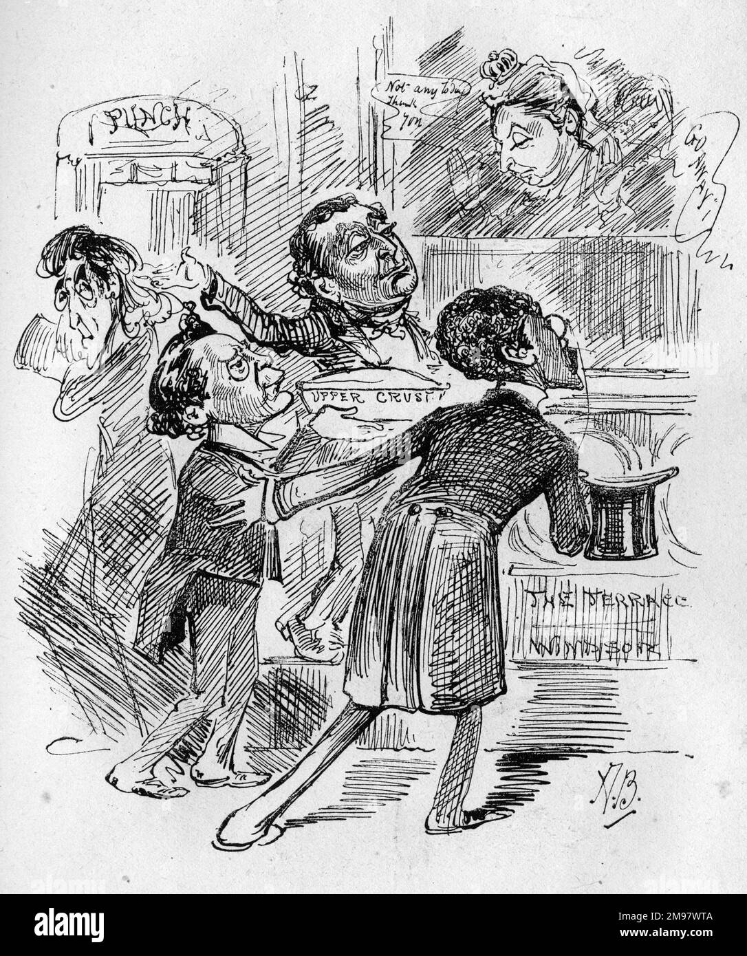 Cartoon, theatre managers (Irving, Toole, James and Bancroft) besieging Queen Victoria at Windsor.  Now that a rumour has gone abroad that Her Majesty will one more give theatrical entertainments at Windsor, she mustn't feel surprised if she is a little worried by theatre managers. Stock Photo
