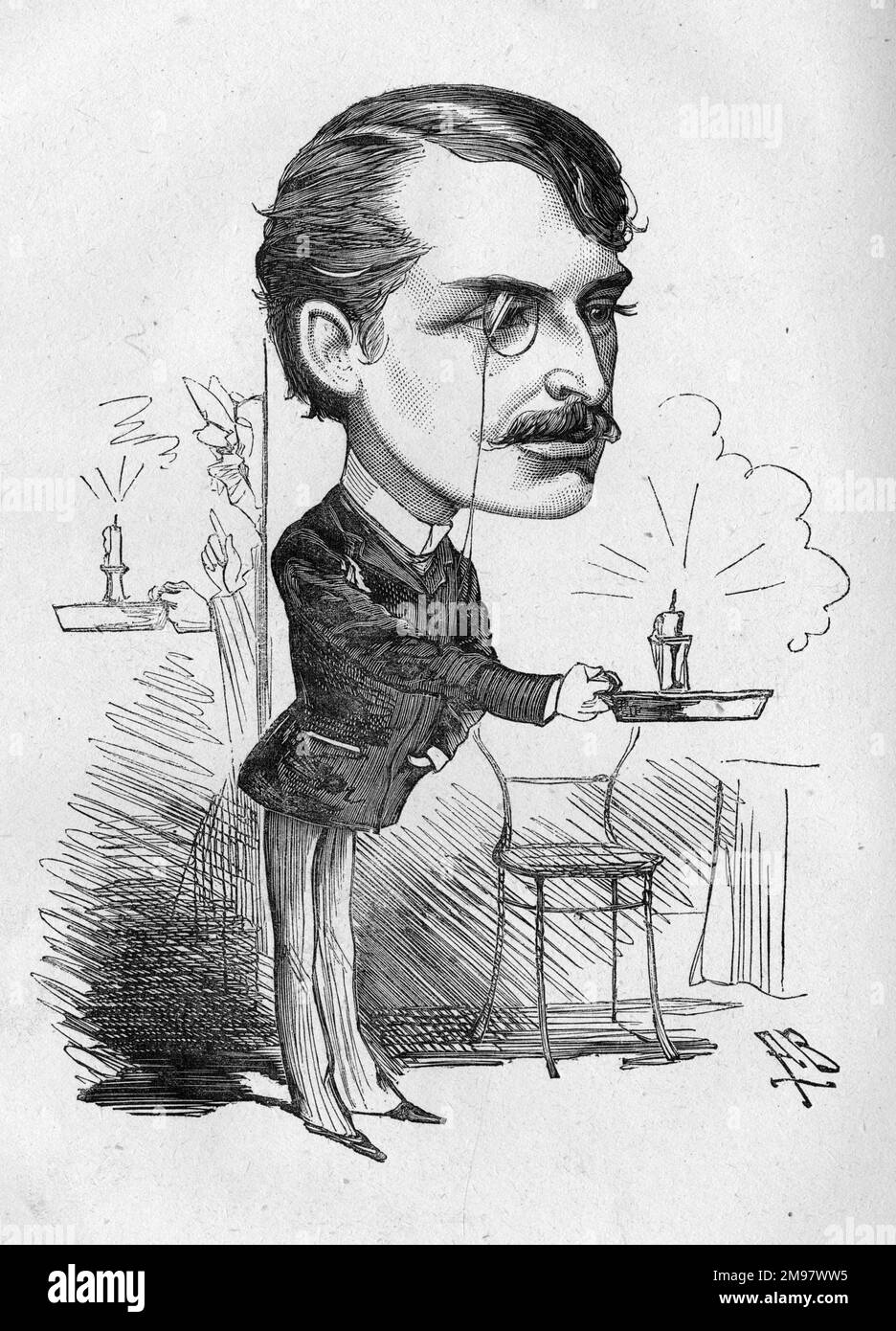 Cartoon of Richard Claude Carton (Richard Claude Critchett, 1856-1928), British actor and playwright. Seen here in the role of Barnes Durant in A W Pinero's play, Imprudence, in production at the Folly Theatre, London. Stock Photo