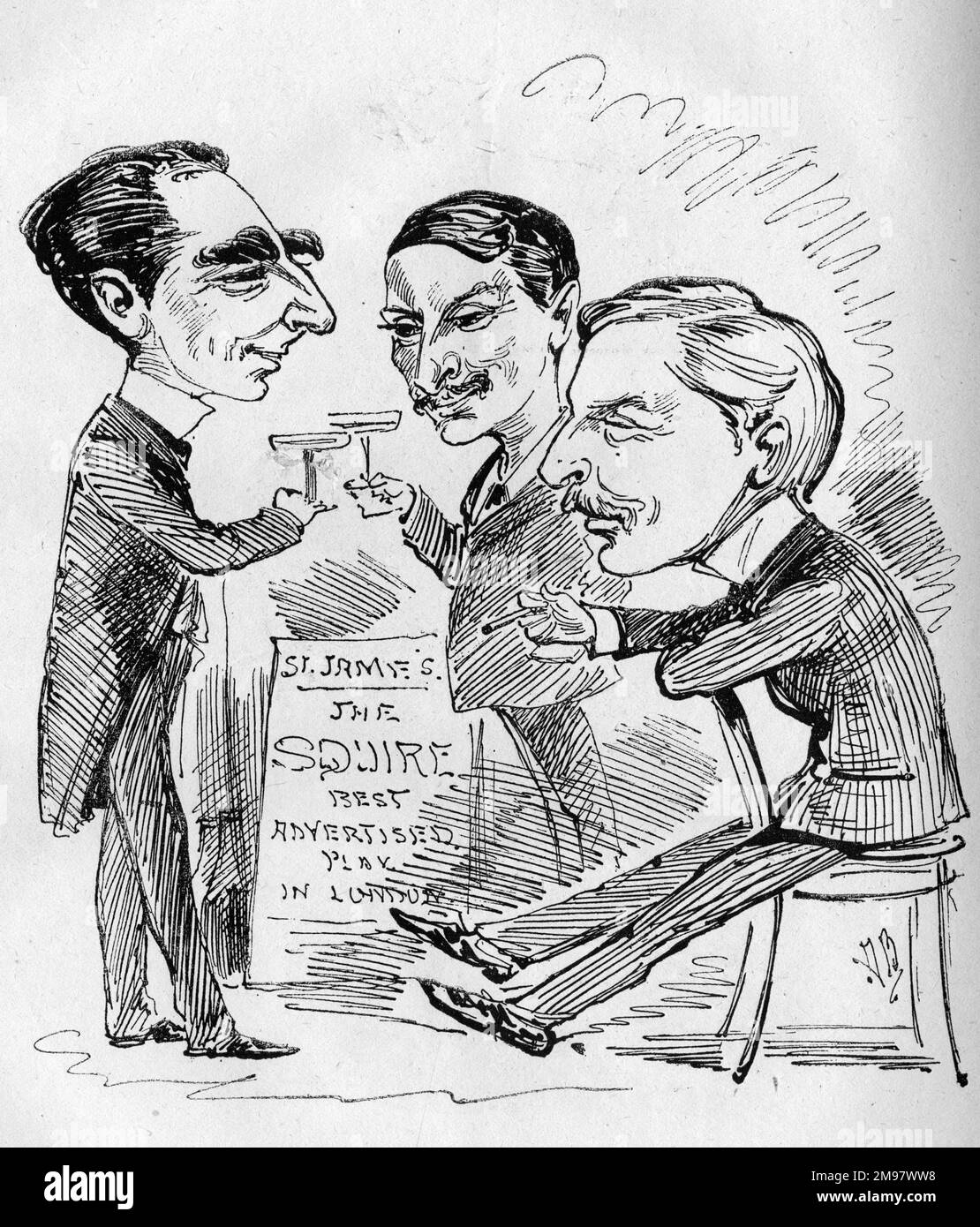 Cartoon of A W Pinero (left, 1855-1934), John Hare (centre, 1844-1921) and William Hunter Kendal (right, 1843-1917), toasting the success of Pinero's play, The Squire, at St James's Theatre, London.  The controversy over its plot being based on Thomas Hardy's novel, Far From the Madding Crowd, helped to boost ticket sales. Stock Photo