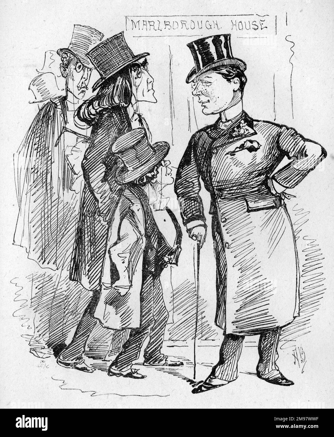 Cartoon, A G Vance and fellow-theatricals Henry Irving, Squire Bancroft and J L Toole.  Vance comments on the fact that they are going to visit the Prince of Wales at Marlborough House -- not to seem left out, he says he did it years ago himself. Stock Photo