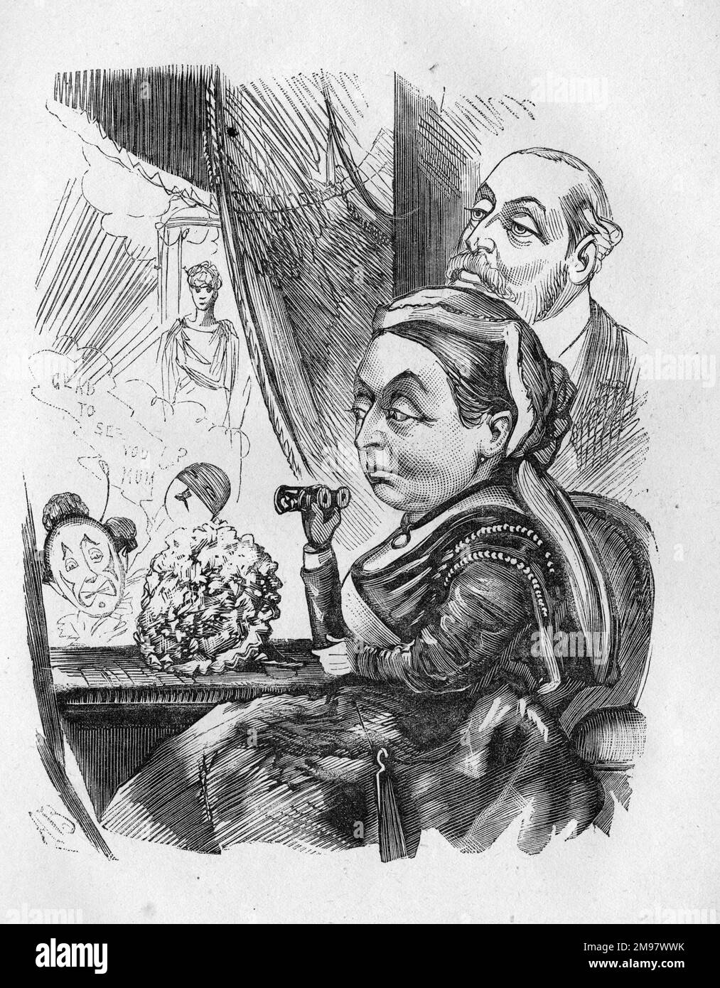 Cartoon of Queen Victoria and Edward, Prince of Wales, in a theatre box, watching a Christmas pantomime. Stock Photo