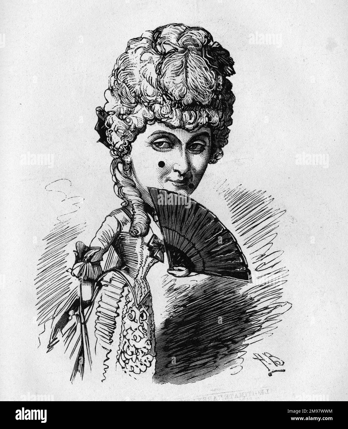 Cartoon of Florence St John (1855-1912), English singer and actress -- I am such an artless thing.  Seen here in the role of Girola in Manteaux Noirs, a comic opera by P Bucalossi at the Avenue Theatre, London. Stock Photo