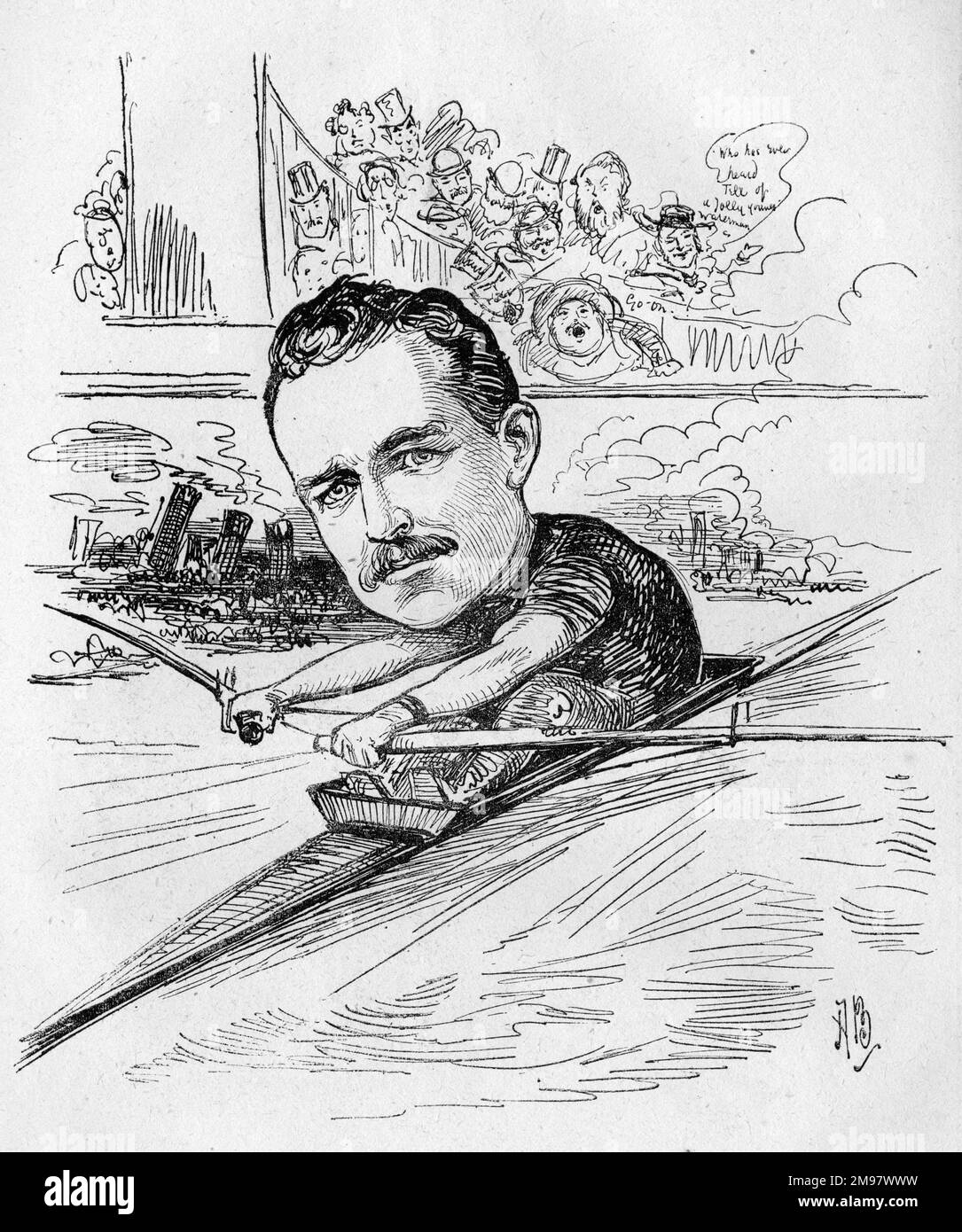 Cartoon of Edward (Ned) Hanlan (1855-1908), Canadian champion sculler, hotelier and alderman. Stock Photo