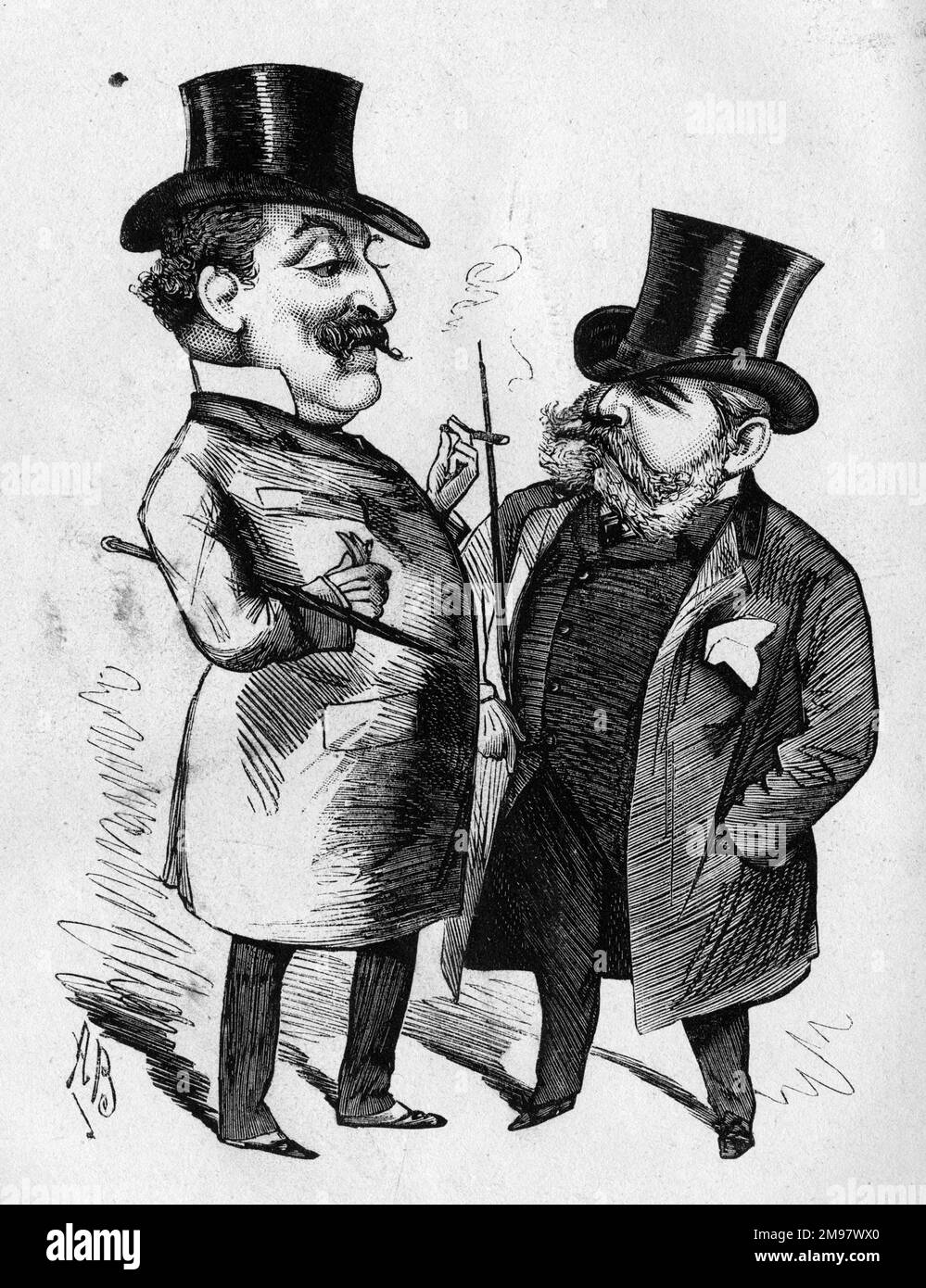 Cartoon of Edmund Hodgson Yates (1831-1894), British novelist and dramatist, editor of The World society journal, and ? Becker. Stock Photo