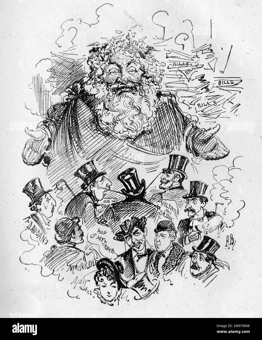 Cartoon, Father Christmas asks a group of theatre people what they have done for him this year (probably in terms of Christmas entertainment). Stock Photo