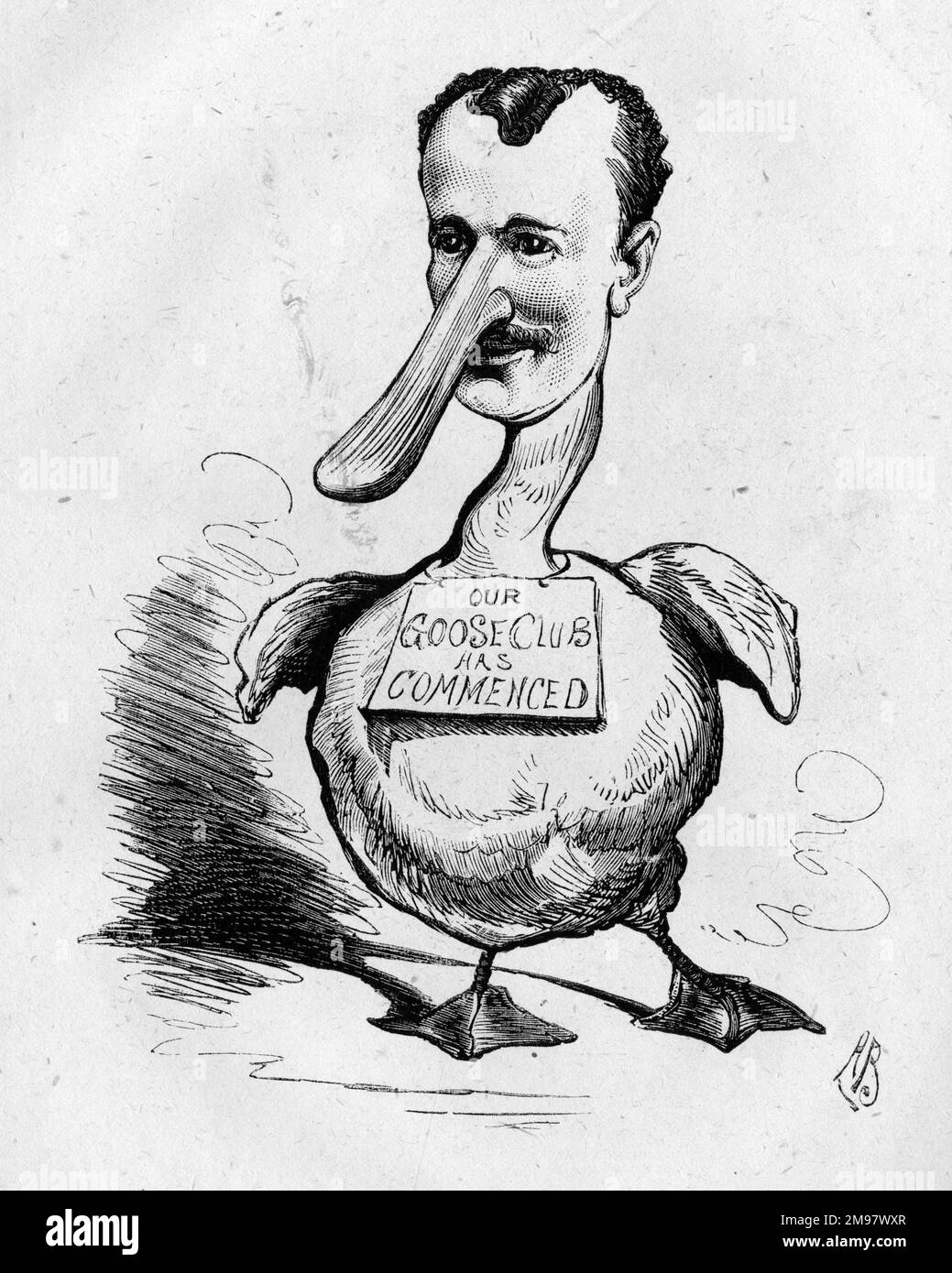 Caricature of Augustus Harris (1852-1896), British actor, dramatist and impresario, transformed into a goose -- Not 'Old Mother Goose' but Master Augoosetus.  Goose Clubs were popular in Victorian Britain, allowing even the poorest to save a few pennies a week so that they could buy a goose for their Christmas dinner.  Harris was manager of the Drury Lane Theatre, London, from 1879, where he co-wrote and produced many pantomimes. Stock Photo