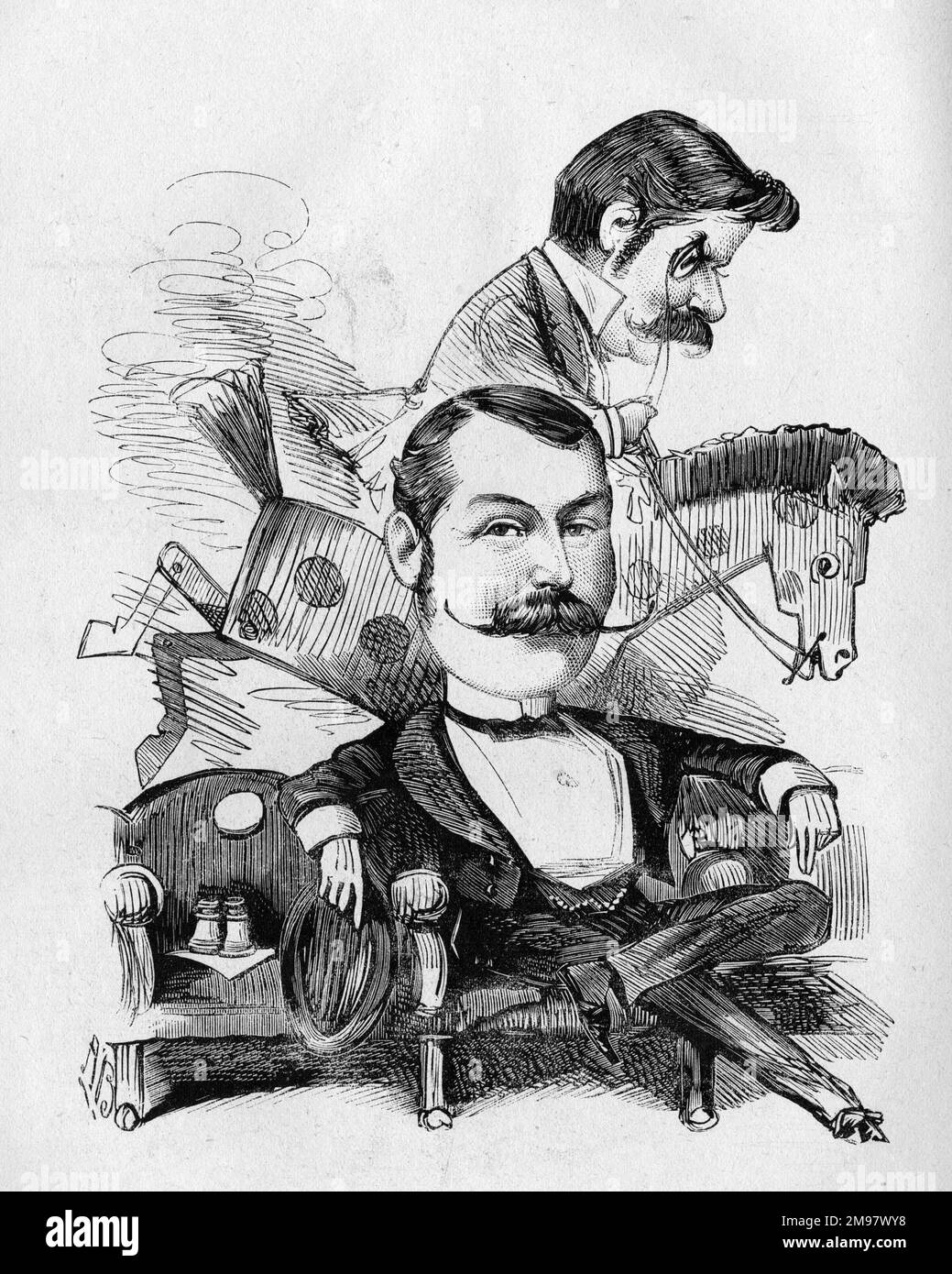 Cartoon of Walter Webling (seated, aka Walter Clifford Weblyn, 1846-1928), owner of the Illustrated Sporting and Dramatic News, and Alfred Edward Thomas Watson (on horseback, 1849-1922), editor and author, music and drama critic with an interest in horseracing. Stock Photo