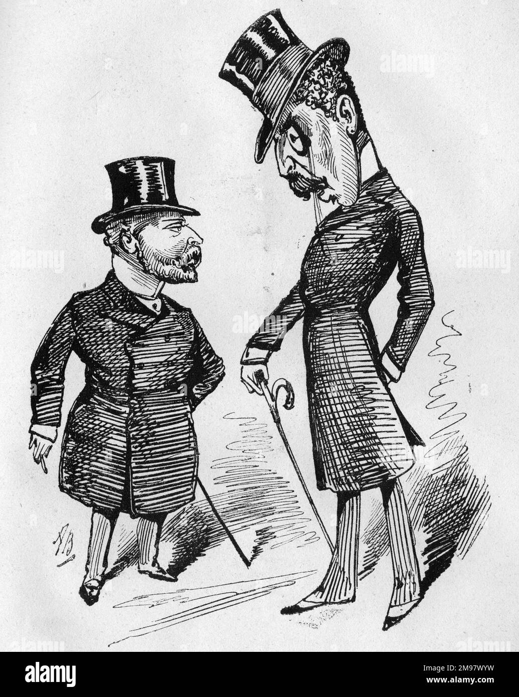 Cartoon of Edward, Prince of Wales (later Edward VII) and Sir Squire Bancroft (1841-1926), English actor-manager.  Bancroft speaks condescendingly to the Prince, saying he could introduce him to a few people in due course. Stock Photo