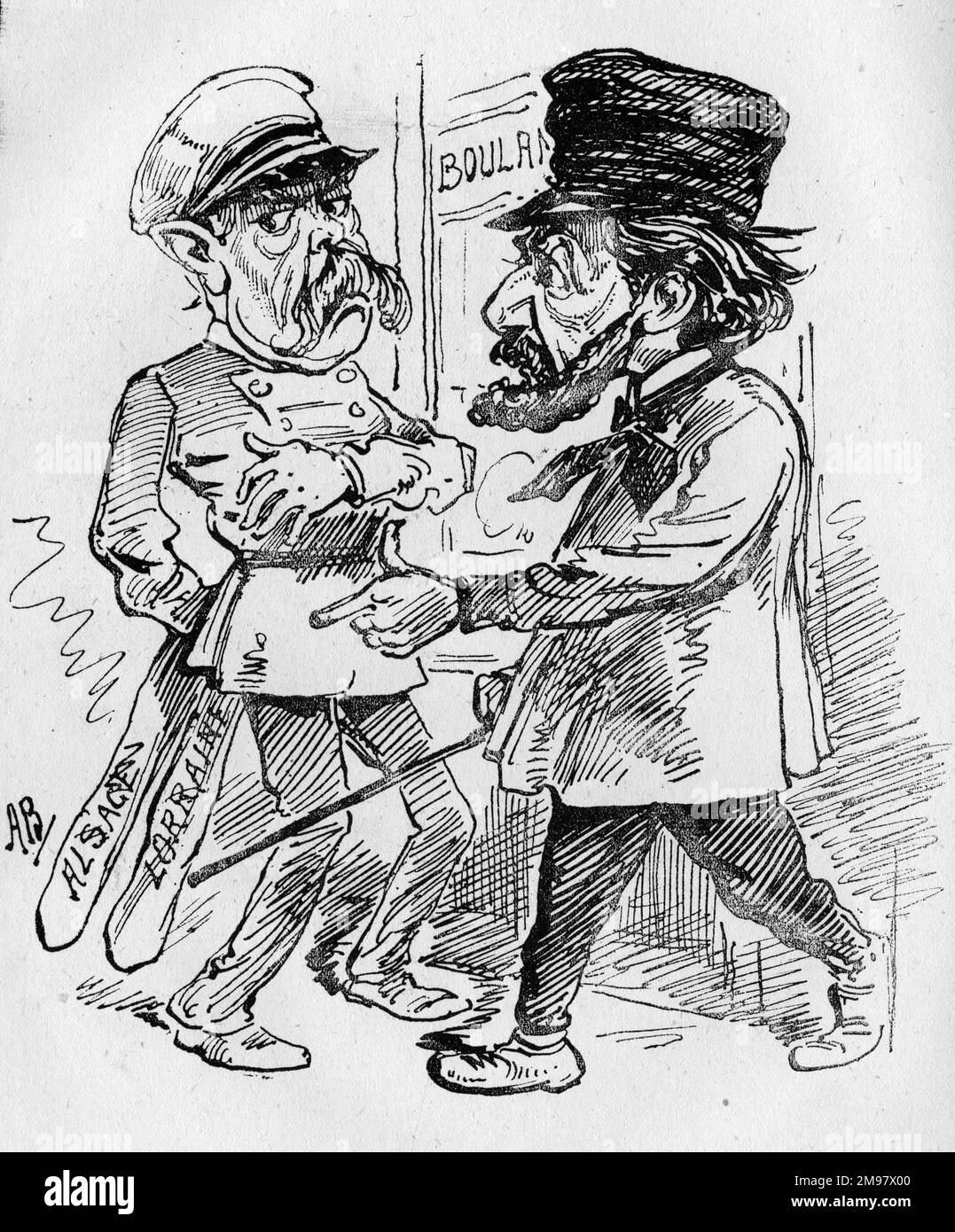 Cartoon, Bismarck and Gambetta. Leon Gambetta, French statesman, is looking for some stolen property (Alsace and Lorraine), which Otto von Bismarck, German Chancellor, is hiding behind his back. A comment on the difficult relationship following the Franco-Prussian War, when France had been forced to surrender territory to Germany. Stock Photo