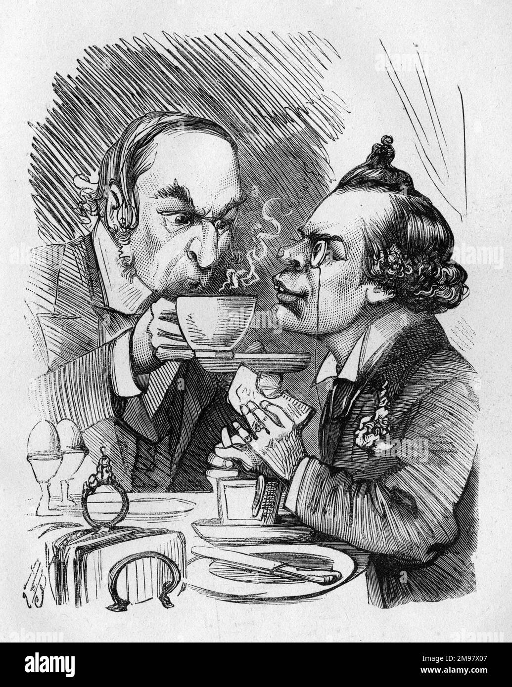 Cartoon of W E Gladstone (1809-1898), Liberal Prime Minister, and John Lawrence Toole (1830-1906), English comic actor, actor-manager and theatrical producer.  Politics and Comedy. Stock Photo