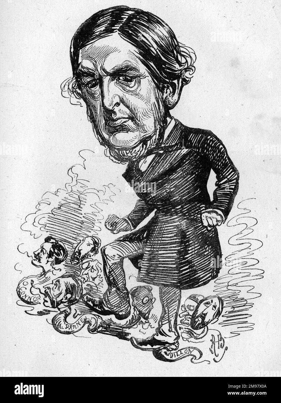 Cartoon of Sir William George Granville Venables Vernon Harcourt (1827-1904), Liberal politician, at this time Home Secretary in Gladstone's government. Seen here stamping out Irish agitators in the form of snakes (a nest of vipers) under his feet. Stock Photo