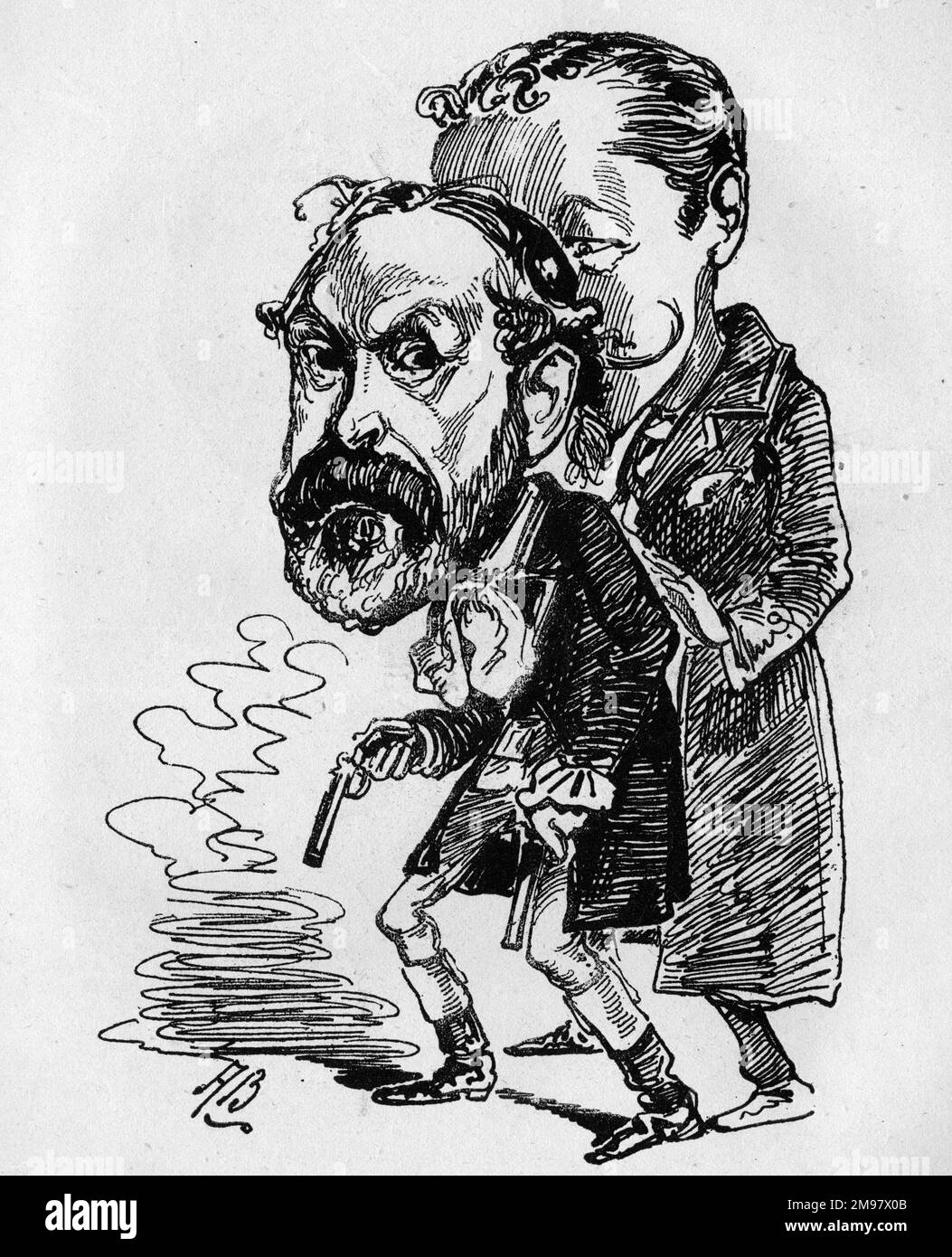 Cartoon, Henry Du Pre Labouchere (1831-1912), English politician, writer, publisher and theatre owner. A commentary on a libel case between Henry Labouchere, the proprietor and editor of Truth magazine, and Edward Levy-Lawson of the Daily Telegraph. 'Does Mr. Pottinger, or any other sane person, believe that Mr. Labouchere would have risked his life by fighting a duel?' Stock Photo