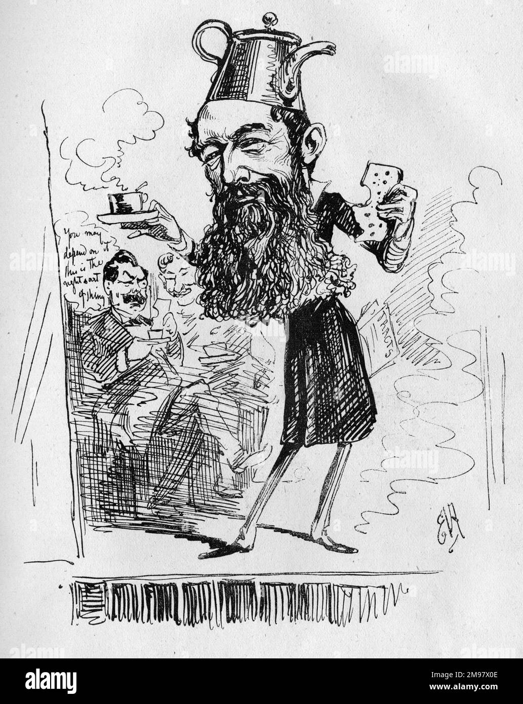Cartoon of Sir Wilfrid Lawson, 2nd Baronet (1829-1906), Liberal politician, temperance campaigner and radical anti-imperialist. 'Sir Wilfrid might give his friends at the Victoria a turn.' The Royal Victoria Coffee Music Hall (Old Vic) had recently become a temperance music hall. Stock Photo