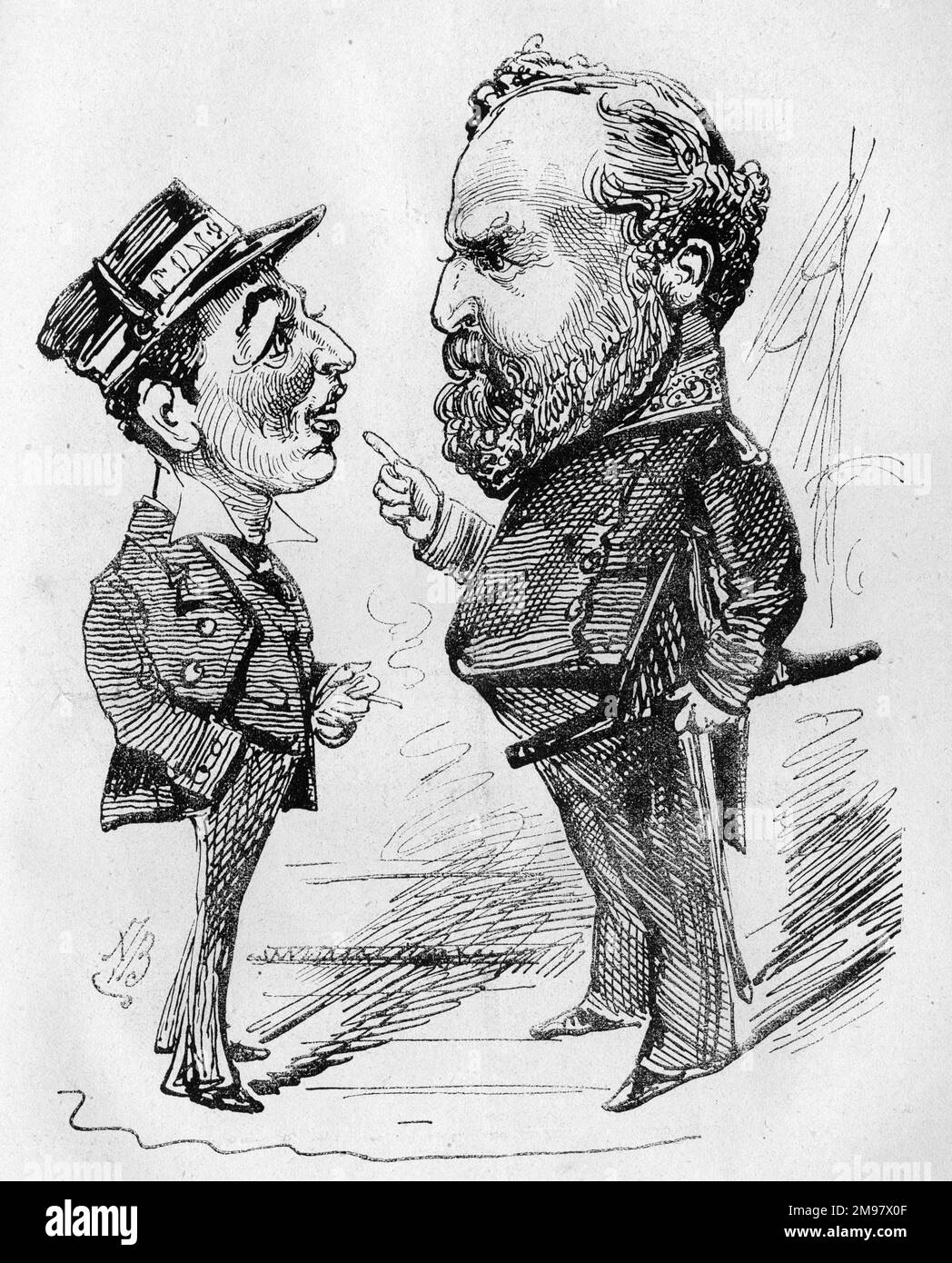 Cartoon of Lord Charles William de la Poer Beresford (1846-1919), at this time a Royal Navy captain (later an Admiral), and Admiral Frederick Beauchamp Paget Seymour (1821-1895).  The Admiral asks Beresford to ensure that looting does not take place on either side during the bombardment of Alexandria during the Anglo-Egyptian war of 1882, when he served as Captain of the gunboat HMS Condor. Stock Photo