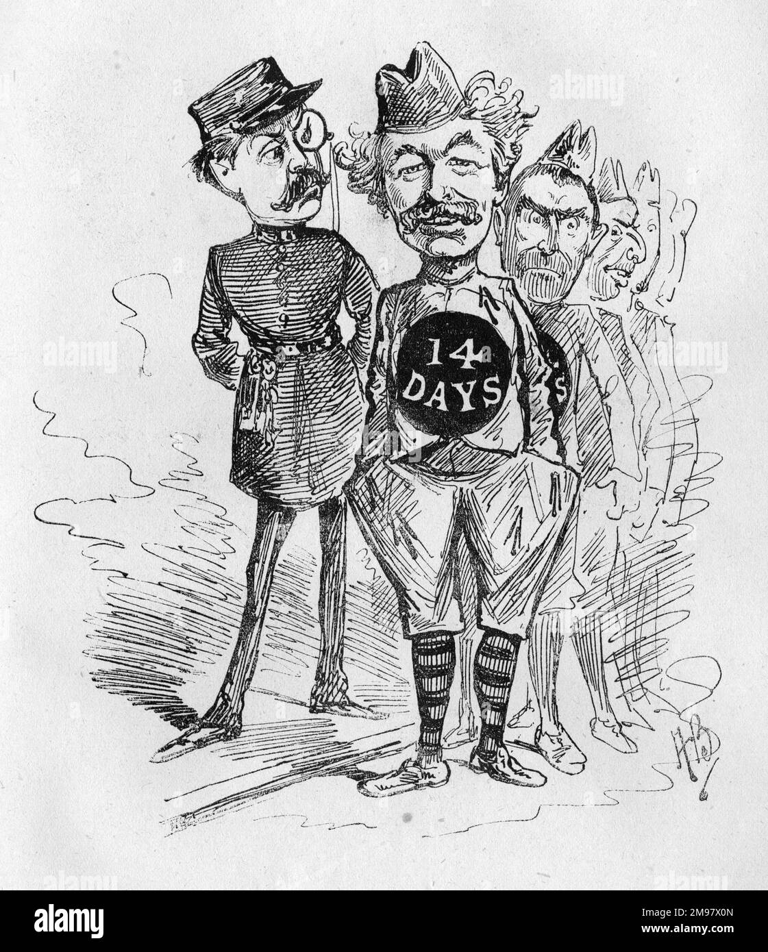 Cartoon of Charles Wyndham (1837-1919), English actor-manager, playing the part of a prisoner, Peregrine Porter, in a play by Henry James Byron (1835-1884), seen here on the left as a prison guard. The play, translated from French, was entitled Fourteen Days, and ran at the Criterion Theatre, Piccadilly, London. The play is about a man who is sent to prison but, to conceal this unpleasant fact, tells family and friends that he is going abroad. Stock Photo