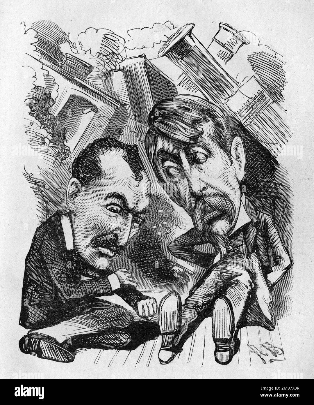 Cartoon of Augustus Harris (1852-1896, left), British actor, dramatist and impresario, and Henry Alfred Pettitt (1848-1893, right), British actor and dramatist. Never mind, Pettitt, if the newspapers don't like our railway collision, the Pit and Gallery do. Their new sensational melodrama, Pluck, was in production at Drury Lane Theatre, London. Despite the excitement of a train wreck, a snowstorm, a mob breaking windows and a burning building, the seven long acts and waits between scenes had irritated the critics. Stock Photo