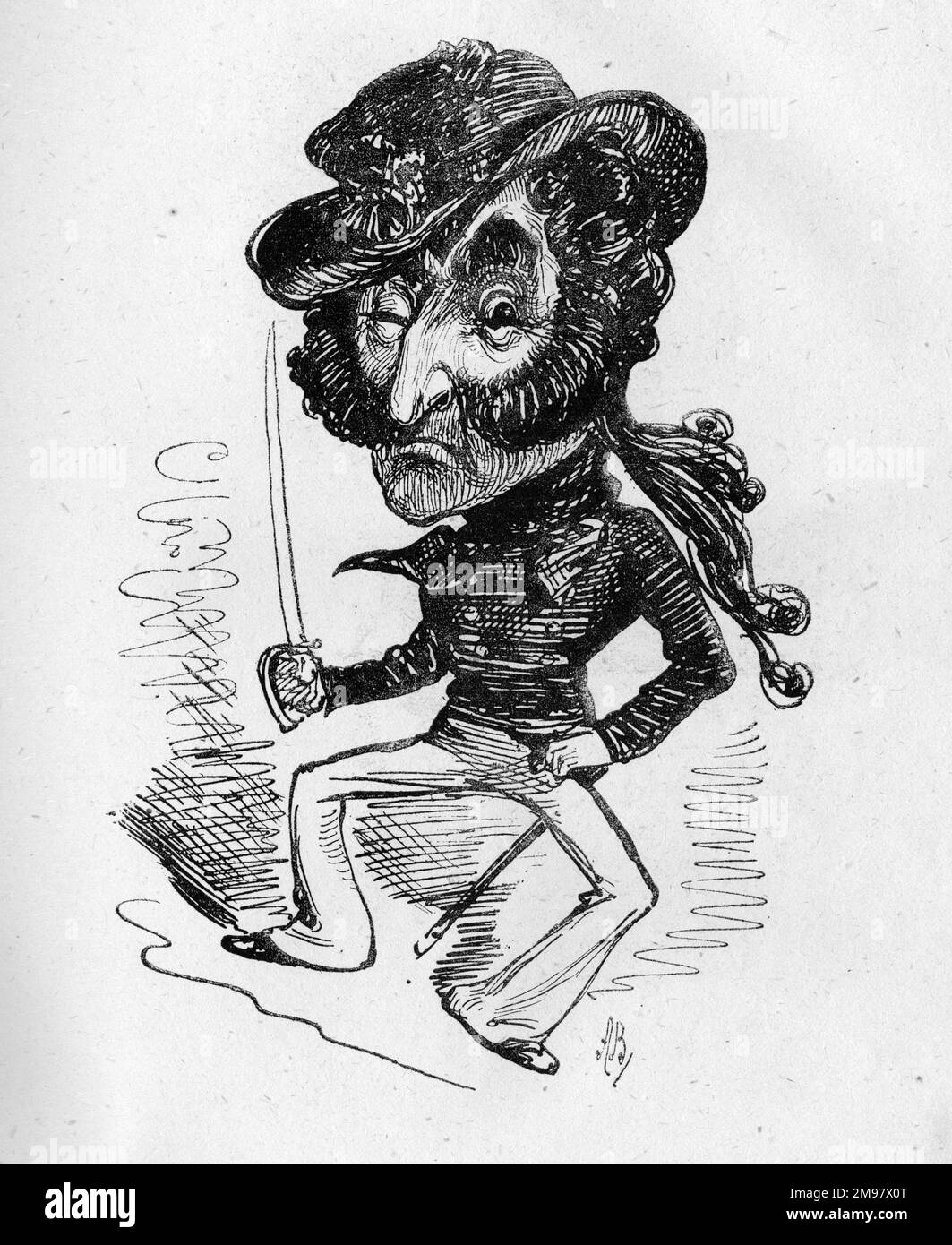 Cartoon of James D Stoyle (1831-1880), English character actor and comedian, seen here in the character of Ben Barnacle in a production of Billee Taylor by Stephens and Solomon at the Imperial Theatre, London. The song he sang, All on Account of Eliza, was whistled all over London. Stock Photo