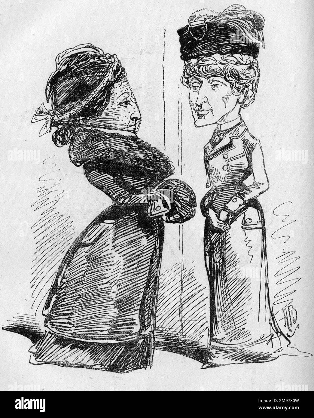 Cartoon of Susan Willis Fletcher, spiritualist, and Mrs Juliette Hart-Davies, her victim. Fletcher was convicted of obtaining jewellery by deception from Mrs Hart-Davies. Stock Photo