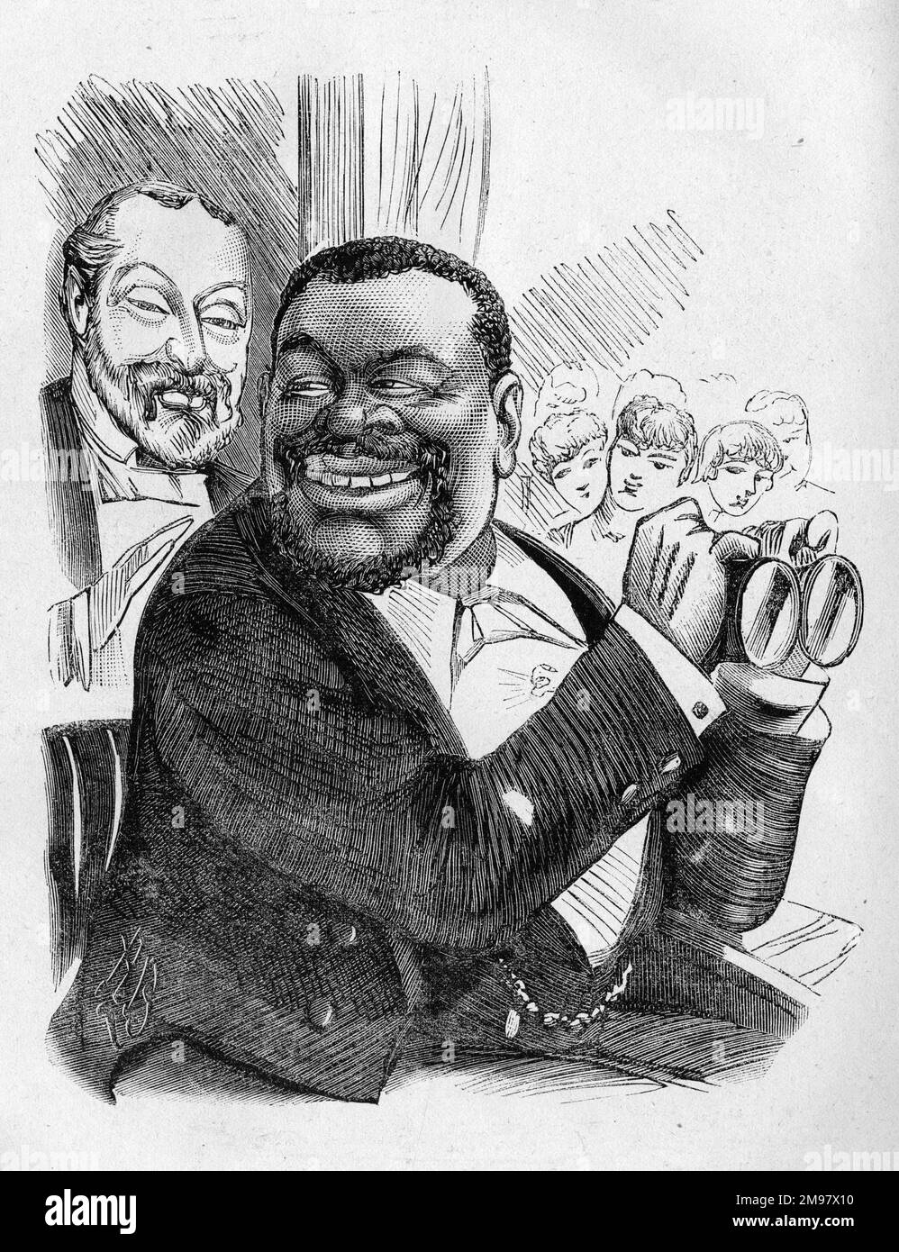 Cartoon of Cetewayo (Cetshwayo kaMpande, 1826-1884), Zulu king, in the Royal Box at a theatre with Edward, Prince of Wales behind him. Stock Photo