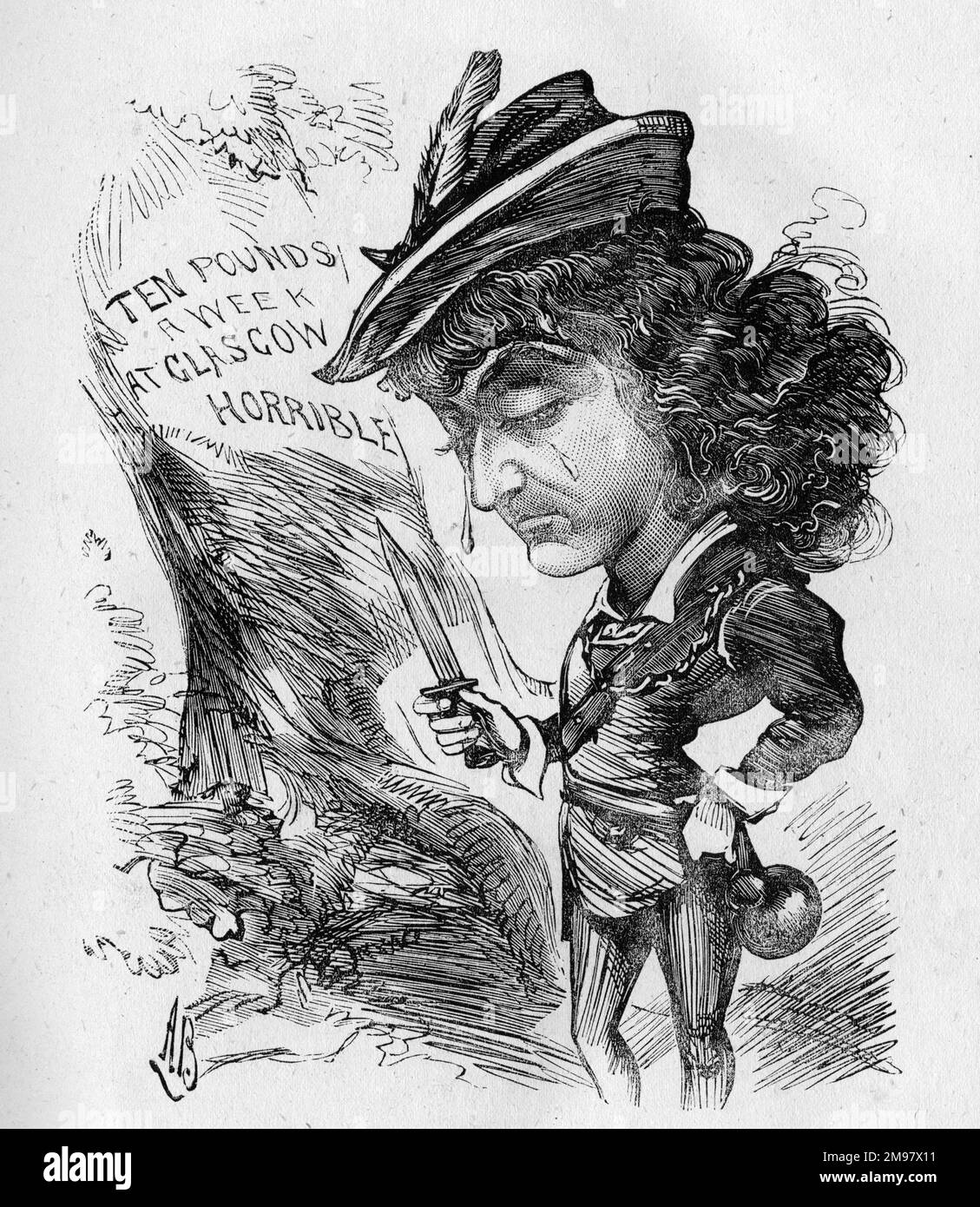 Cartoon of Harold Kyrle Money Bellew (1850-1911), British actor. Seen here in a Shakespearean role on tour in Glasgow. The comment reads: This young actor is too good-looking to be thrown away on a Glasgow audience. Stock Photo