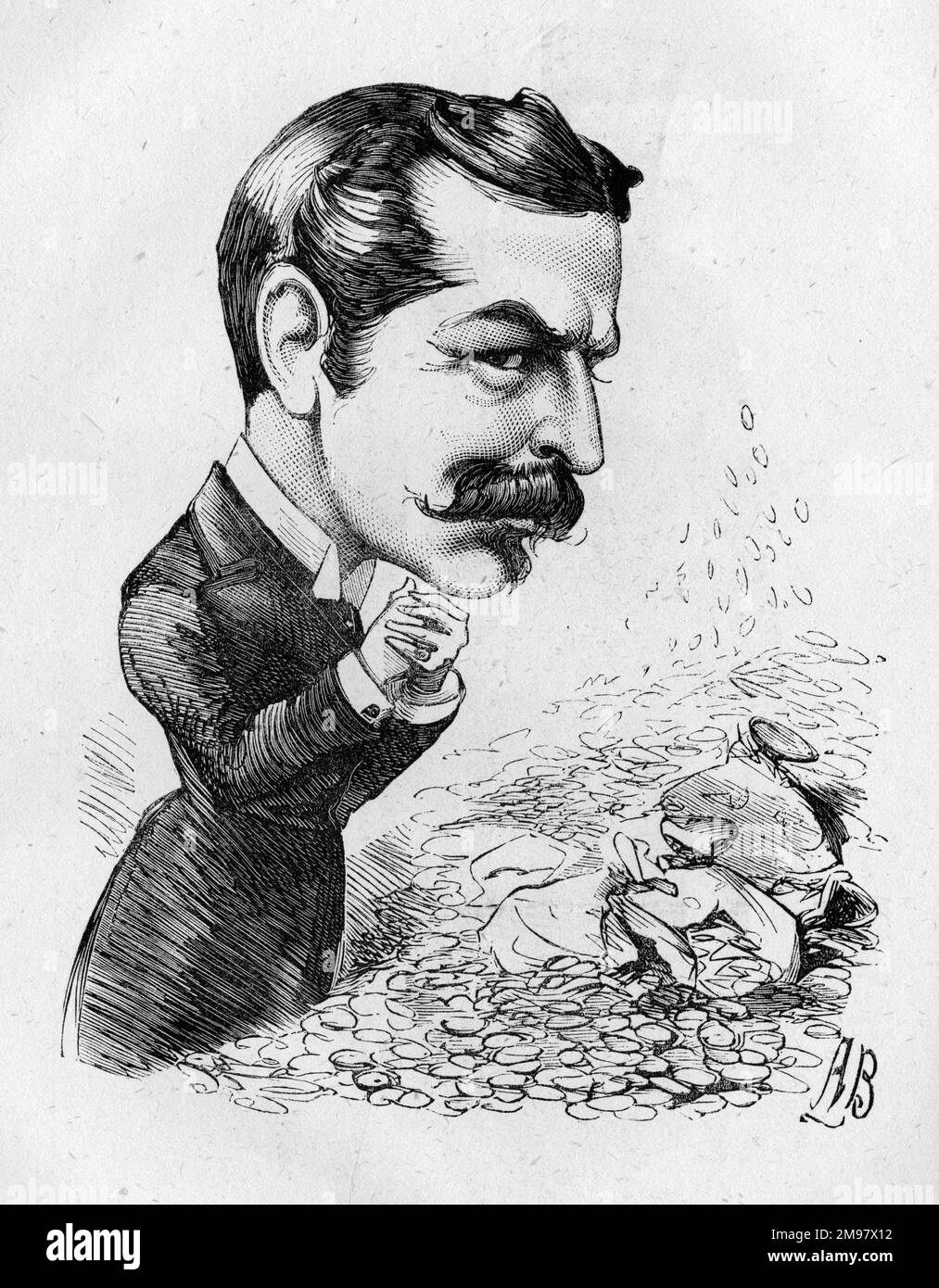Cartoon of William Lehman Ashmead Bartlett Burdett-Coutts (1851-1921) -- The Money-Spinner.  He was an American-born British Conservative politician. He married the philanthropist, Baroness Burdett-Coutts, in February 1881 and took her surname (he had previously worked as her secretary). Stock Photo