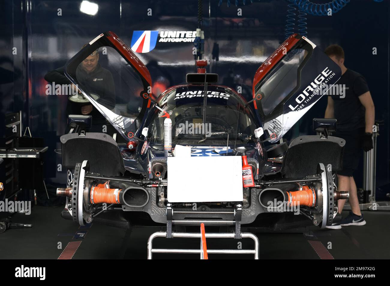 Le Mans / France - June 12-13 2022: 24 hours of Le Mans, In the stands last preparations of the cars the technicians of the team United Autosport are Stock Photo