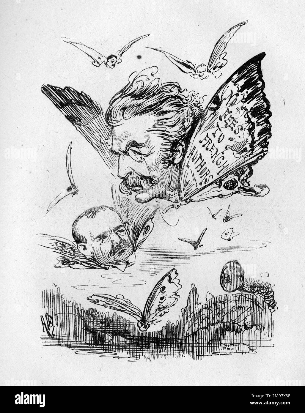 Cartoon, Butterfly Fever -- No Fees to French Authors. Possibly a comment on the adaptation of French literature for the English theatre. Stock Photo