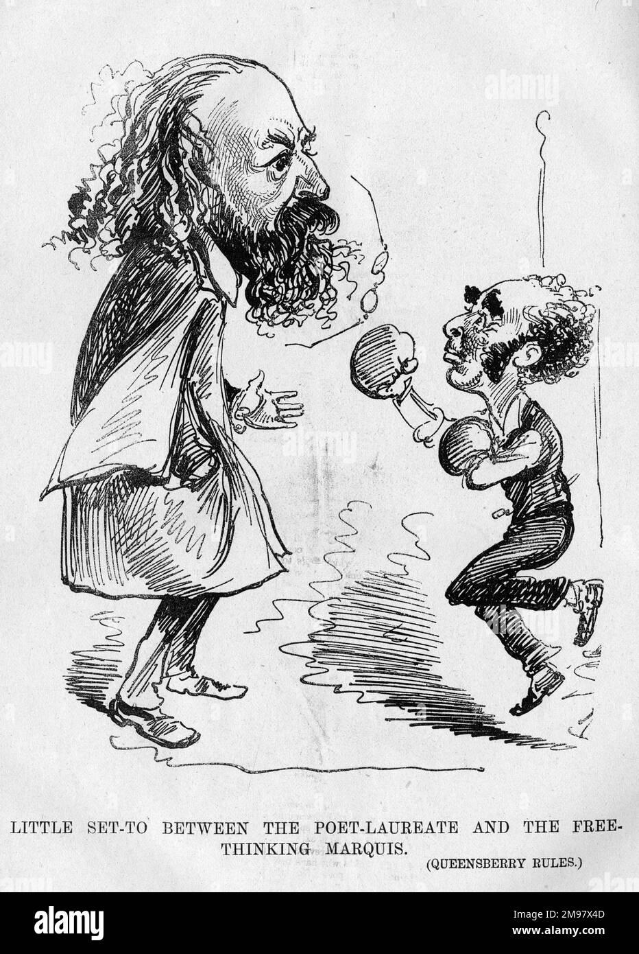 Cartoon of Alfred, Lord Tennyson (1809-1892), Poet Laureate, and John Sholto Douglas, 9th Marquess of Queensberry (1844-1900).  The Marquess had ejected from the Globe Theatre, London, for loudly interrupted the performance of a play by Tennyson, The Promise of May, on secularist grounds, disliking the fact that the villain of the play was an atheist. Stock Photo
