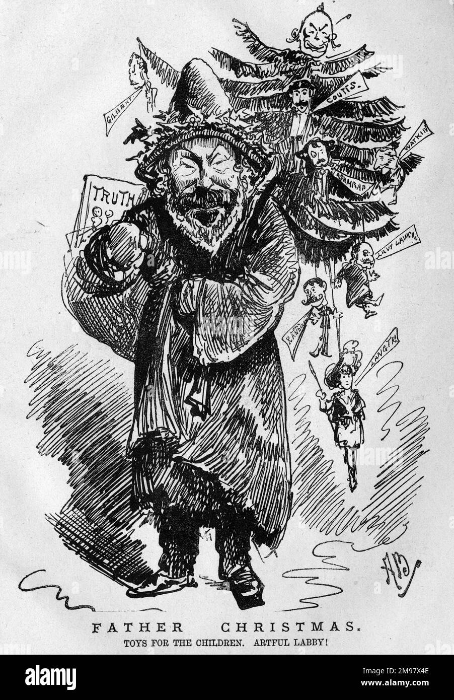 Cartoon of Henry Labouchere (1831-1912), Liberal MP, and owner-editor of the magazine Truth.  Seen here as Father Christmas.  Toys for the children. Artful Labby!  The dolls hanging from the tree include Charles Bradlaugh, Lillie Langtry, Levy Lawson, Lord Randolph Churchill, W S Gilbert, Ashmead, Watkin and Coutts. Stock Photo